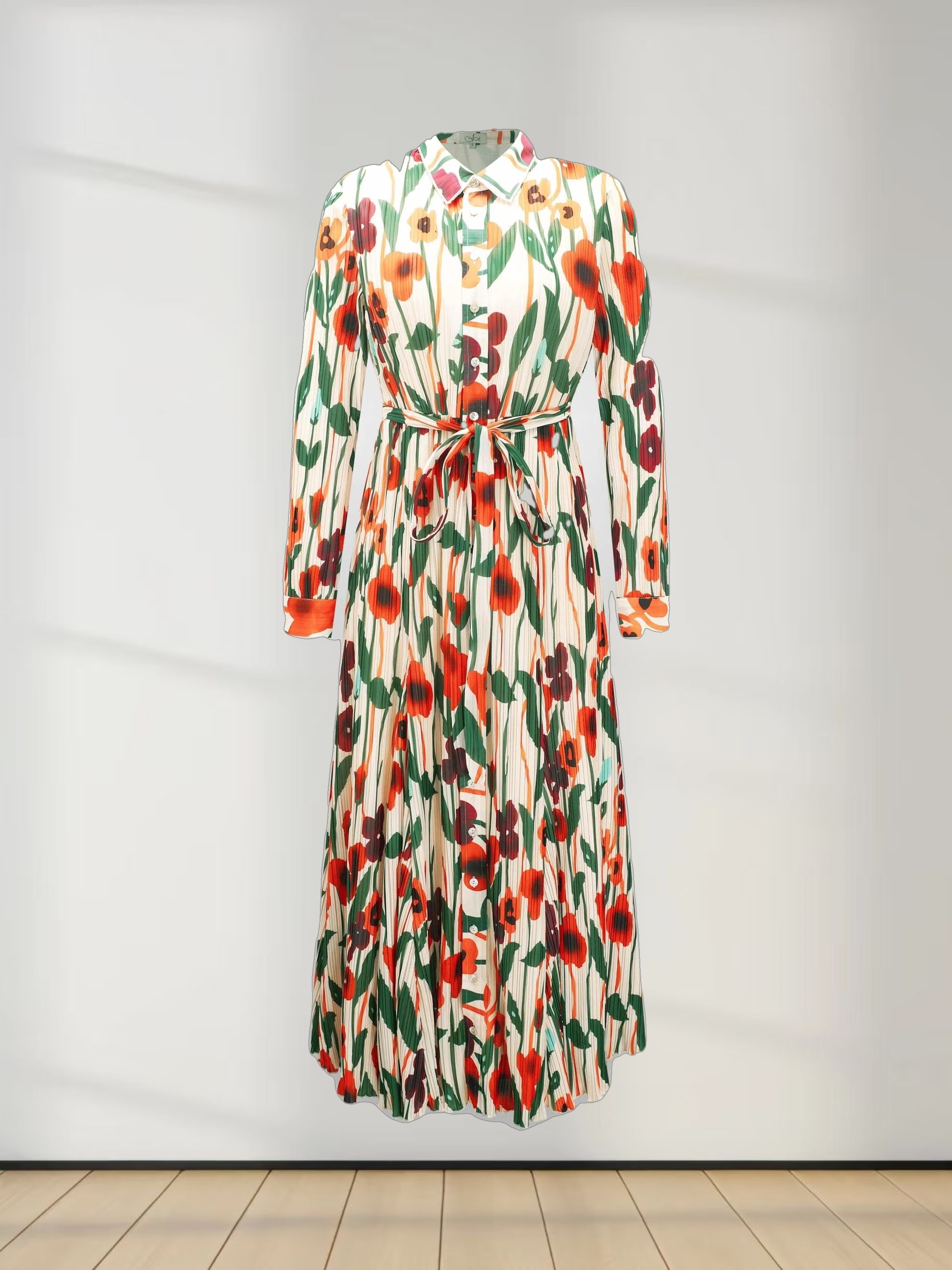 Micro Pleats Princess Style Dress-Orange Floral