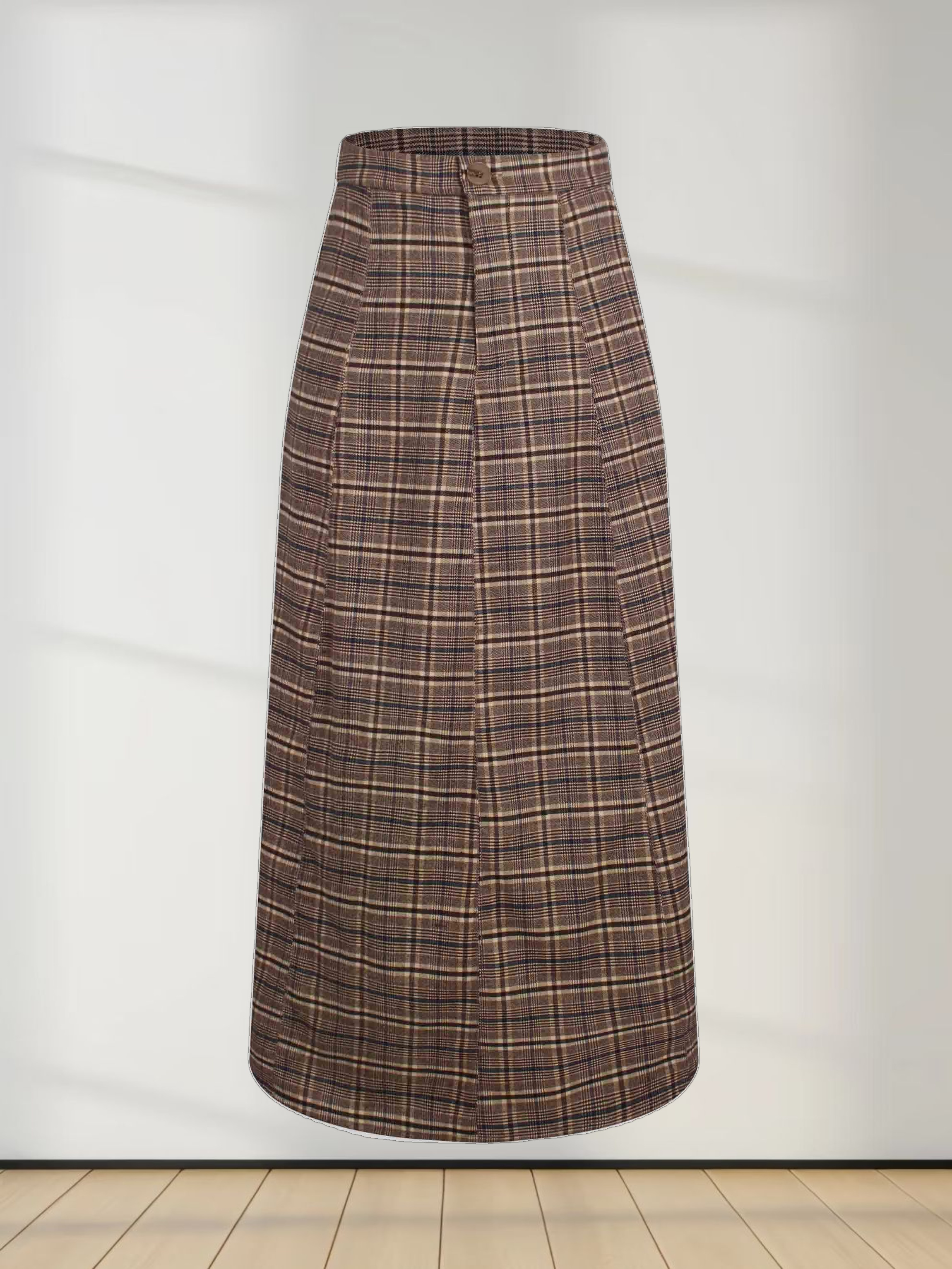 Button Front A-Line Skirt-Brown Plaid