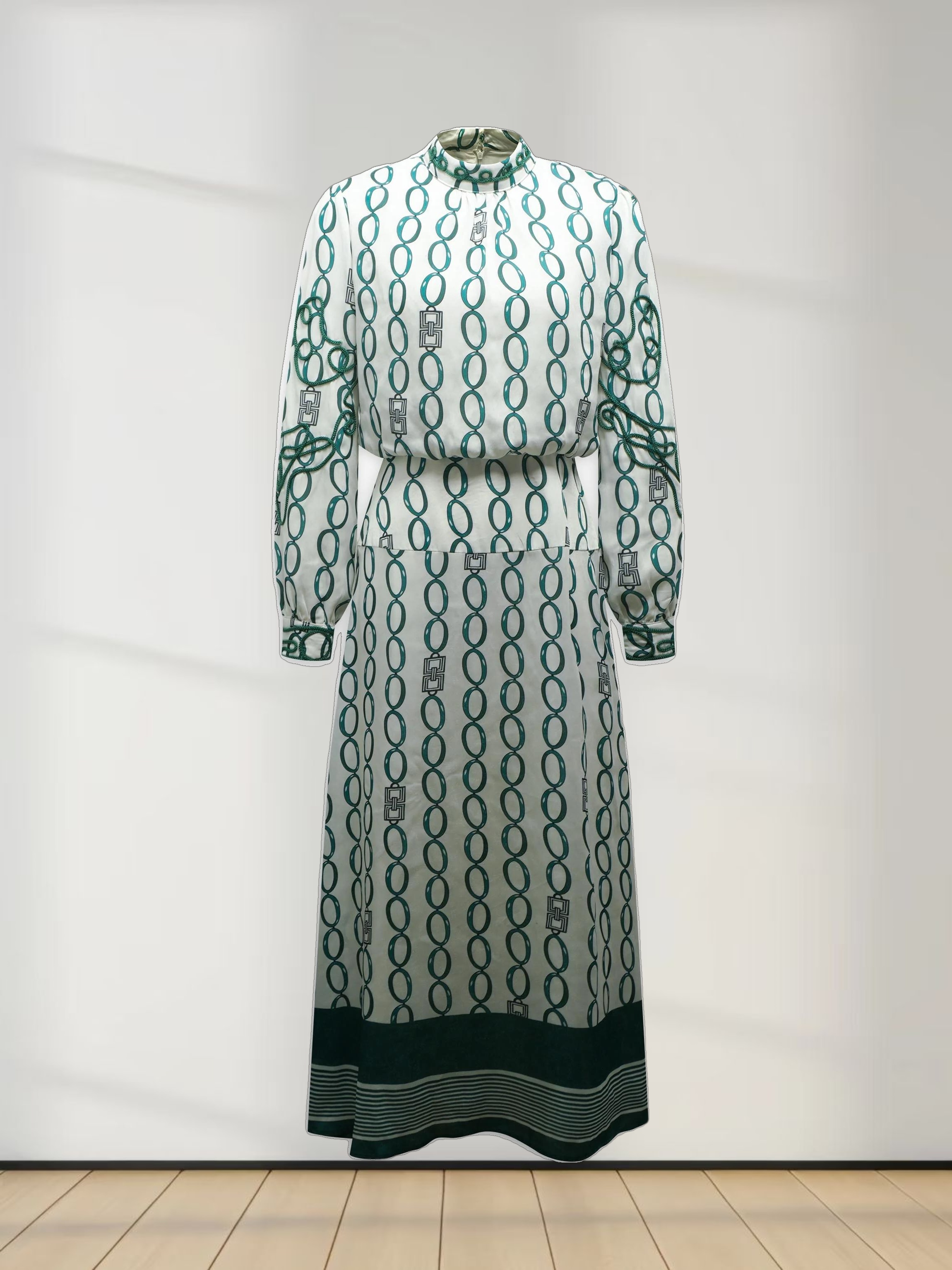 Ribbon Detail Yoke Dress-Green/White