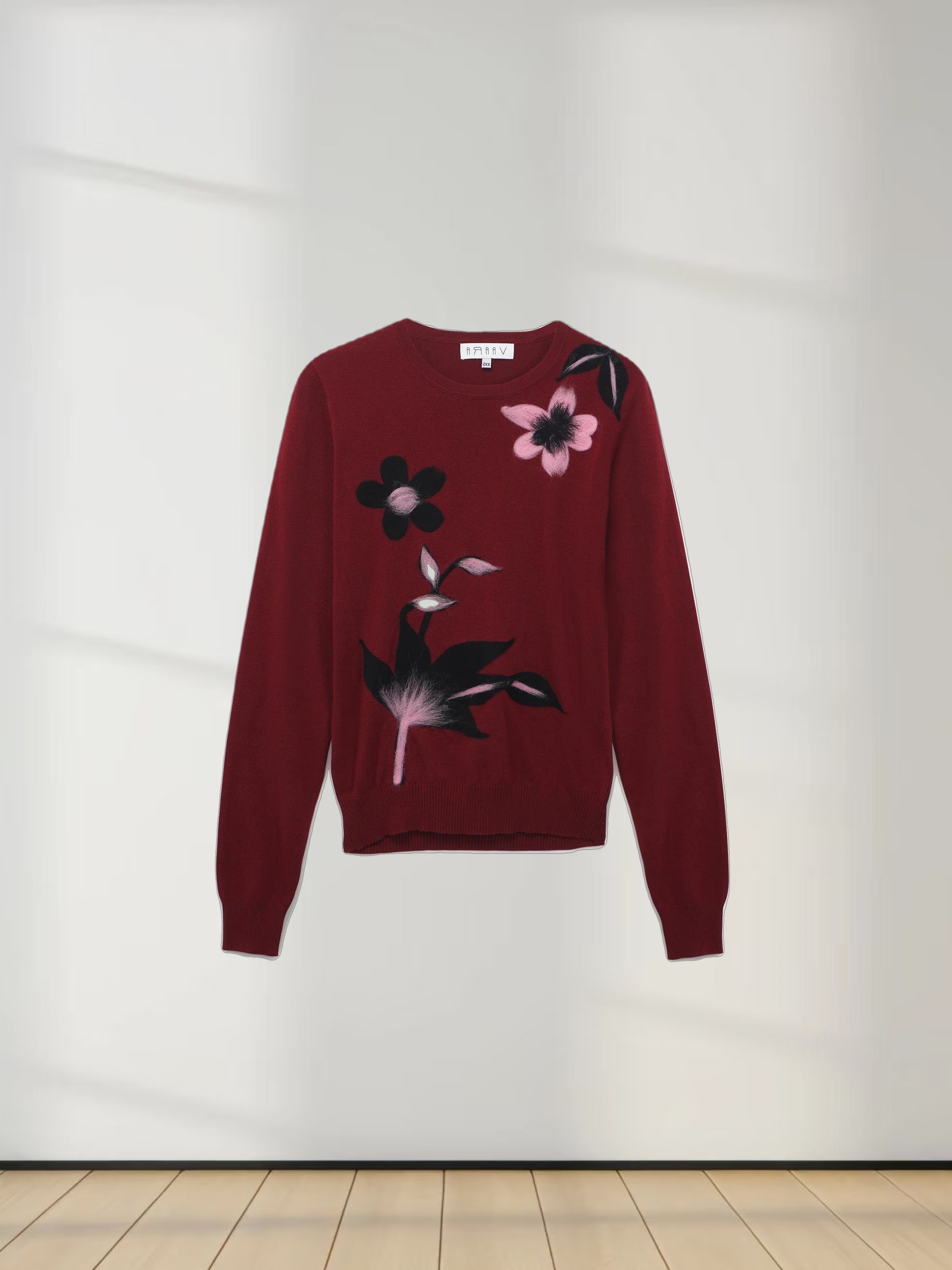 Textured Print Sweater-Burgundy Floral