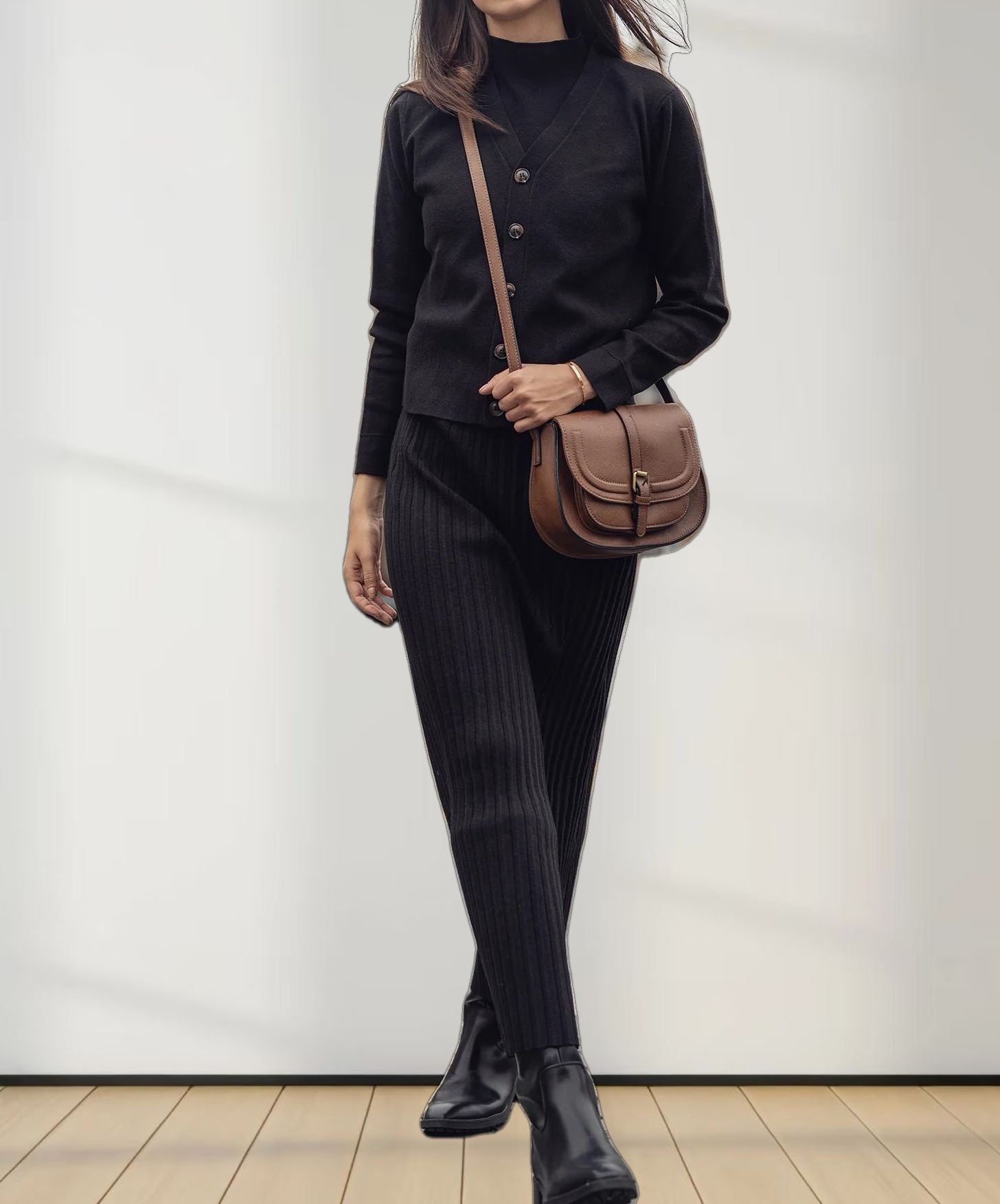 Back Wide Ribbed Cardigan Sweater-Black