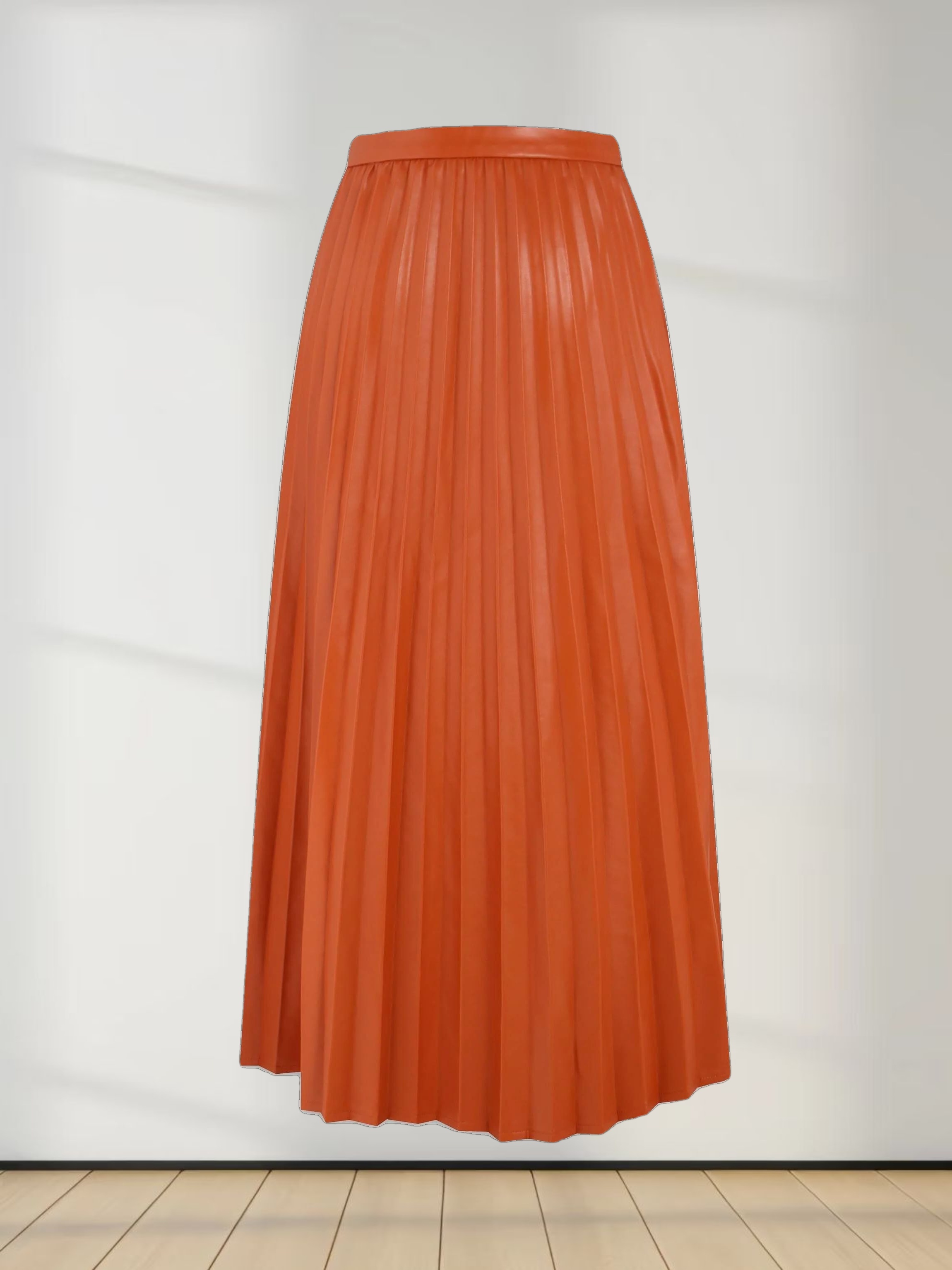 Accordion Pleated Faux Leather Skirt-Cognac