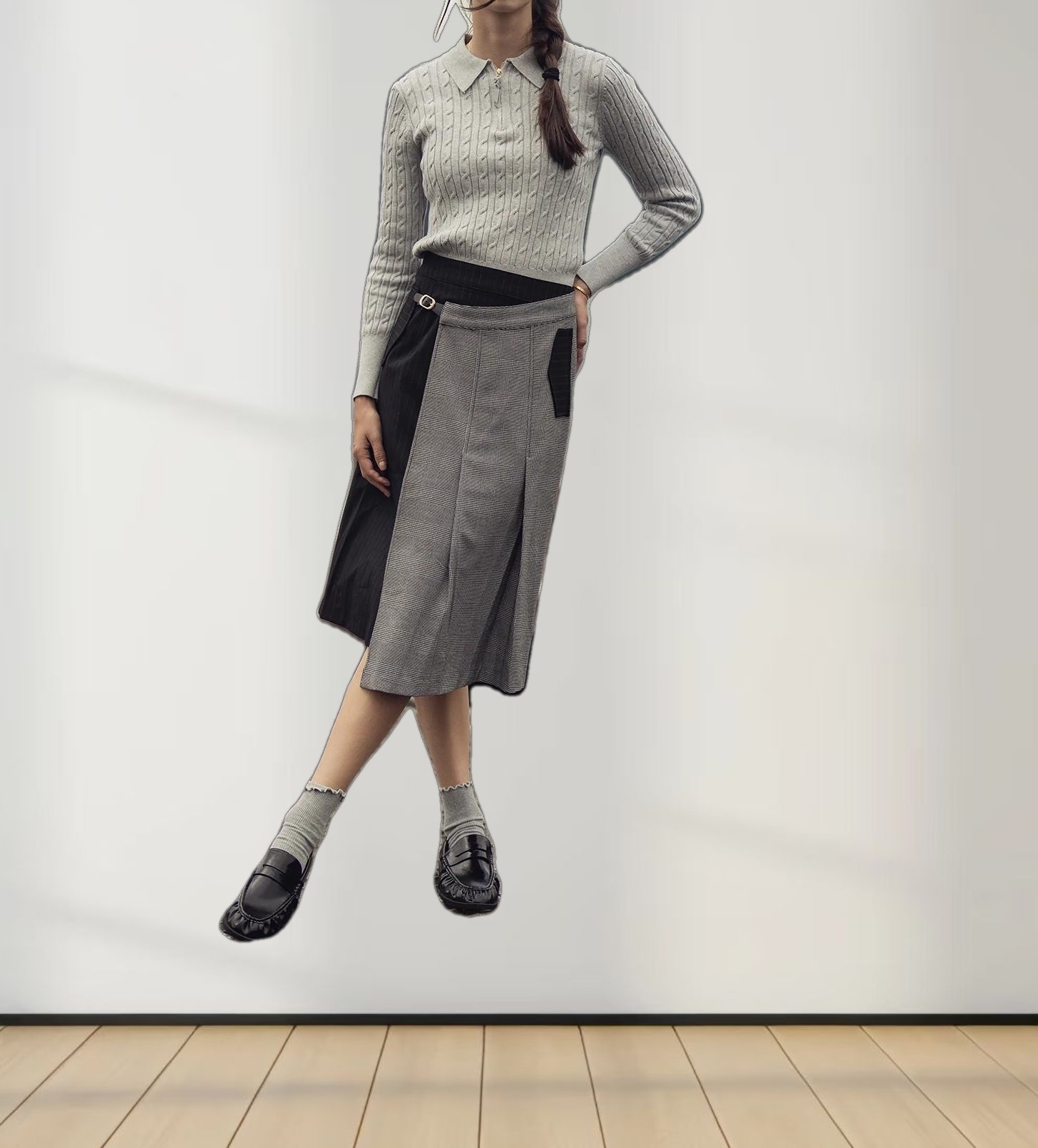 Faux Wrap Pleated Front Buckle Skirt-Pinstripe/Plaid