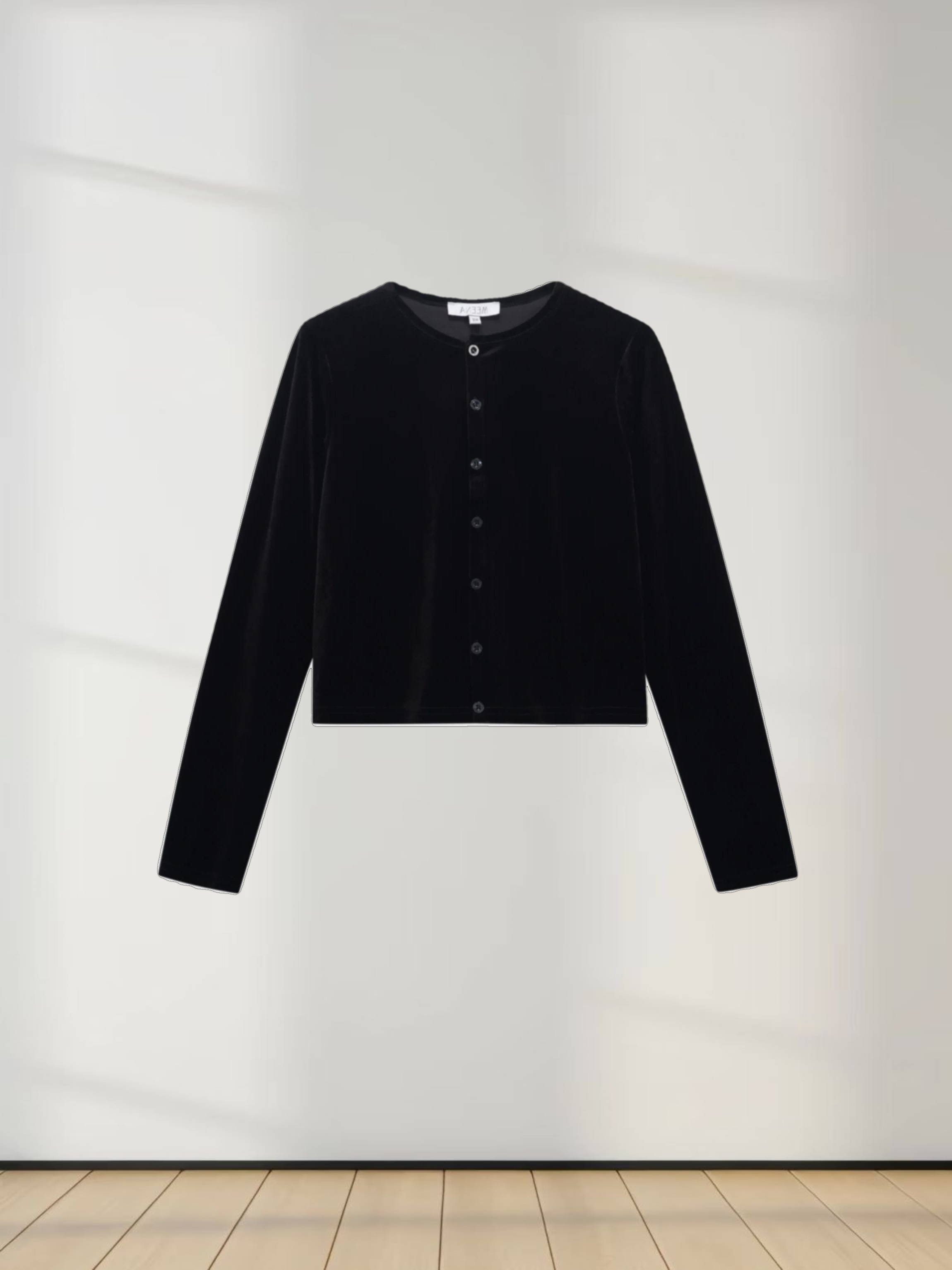 Velour Button Down Crew Cardigan-Black