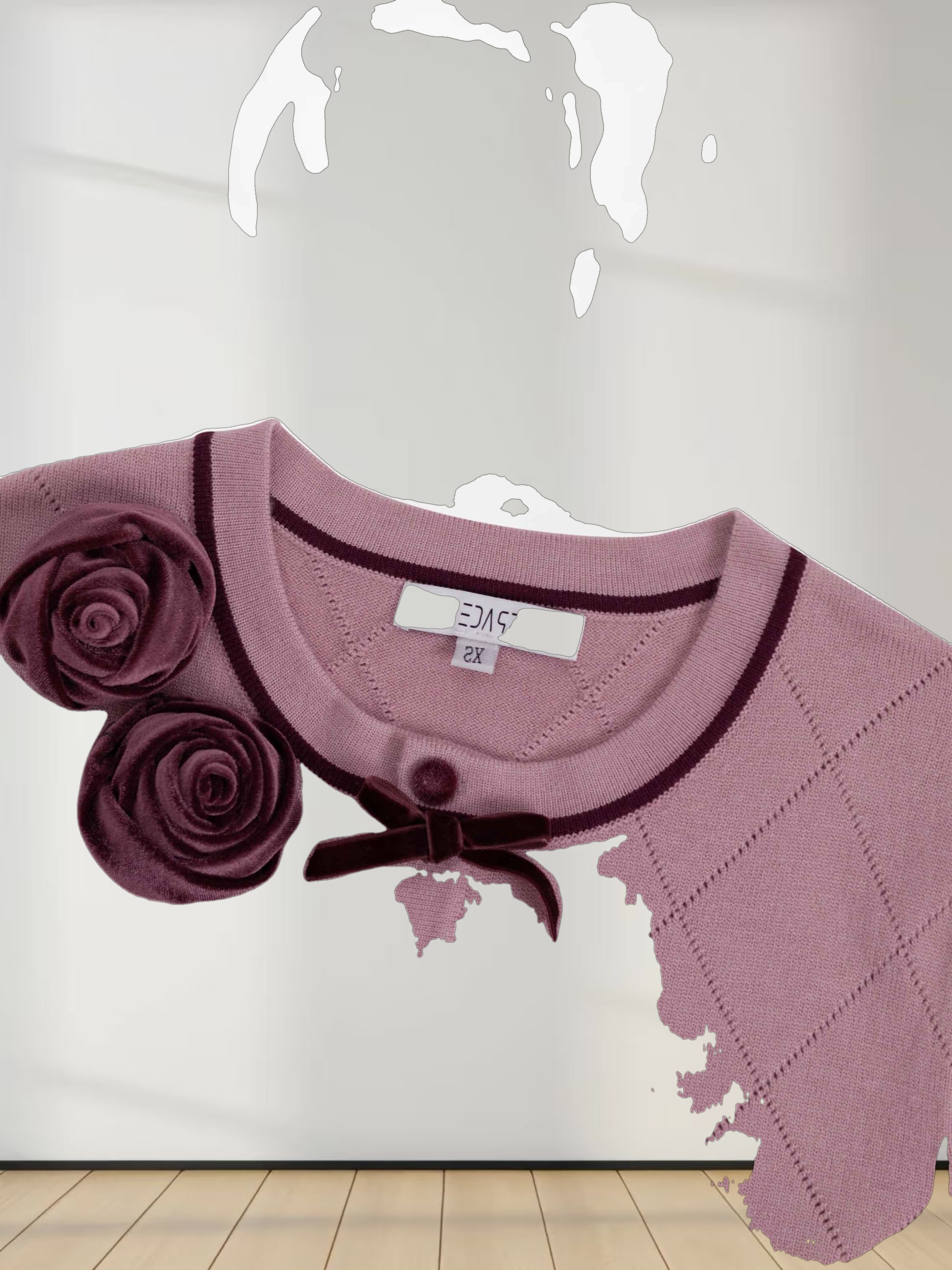 Velvet Detail Pointelle Crew Cardigan-Pink/Burgundy