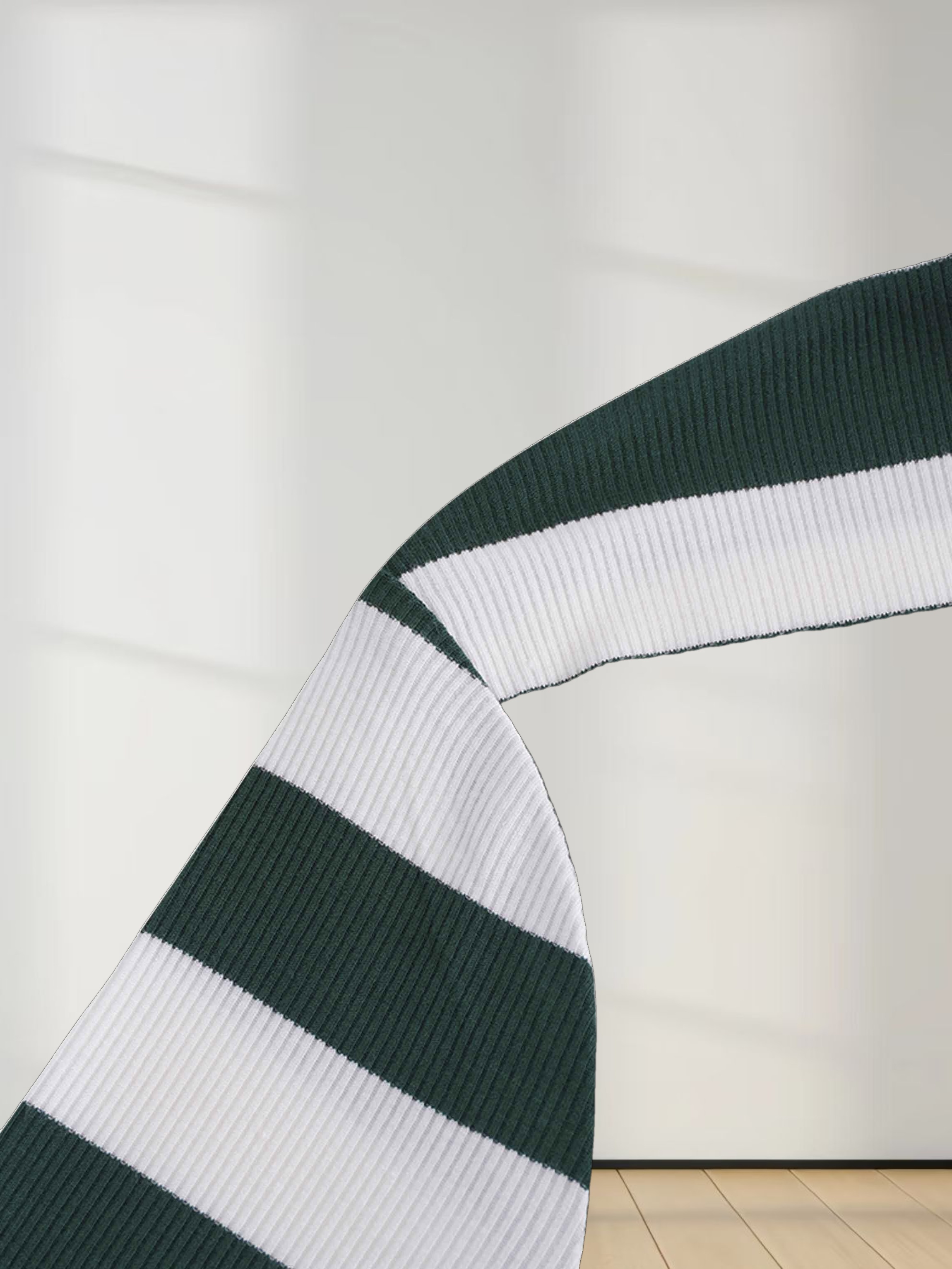 Ribbed Striped High V Tee Long Sleeve-Green/Ivory