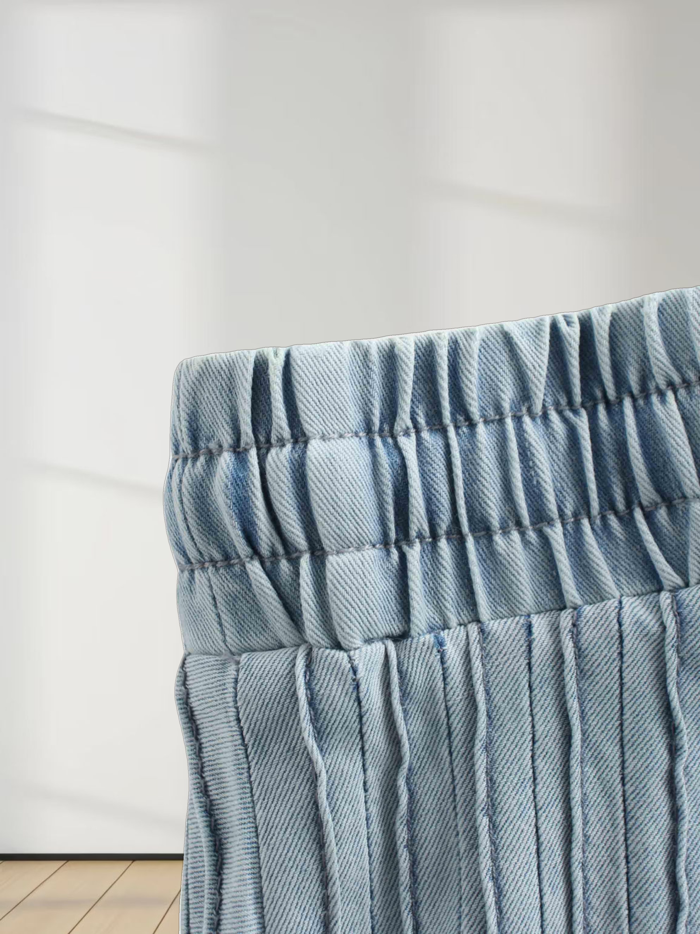 Stitched Micro Pleat Denim Skirt-Light Blue