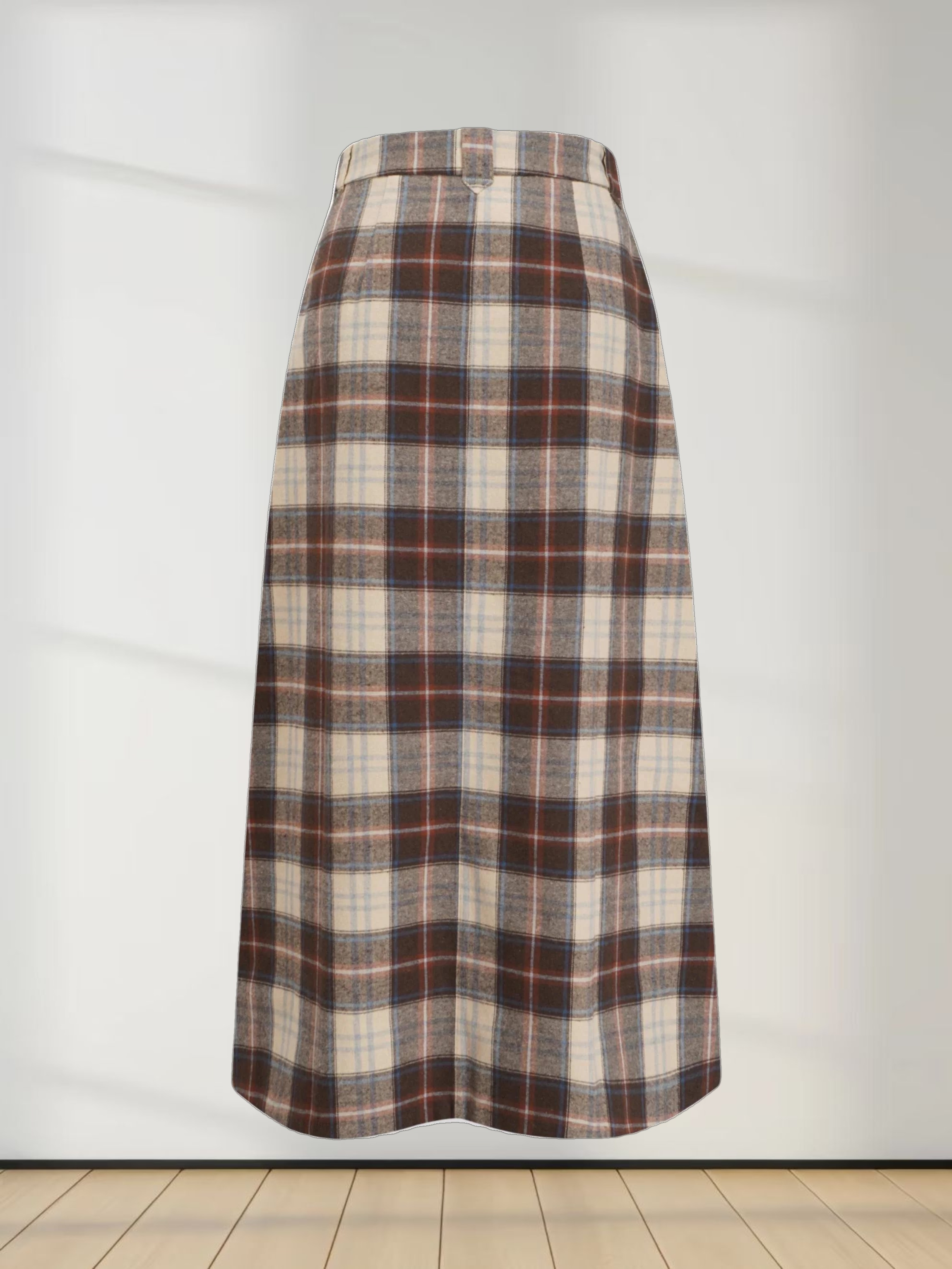 Plaid Button Down A-Line Skirt-Ivory/Tan/Brown