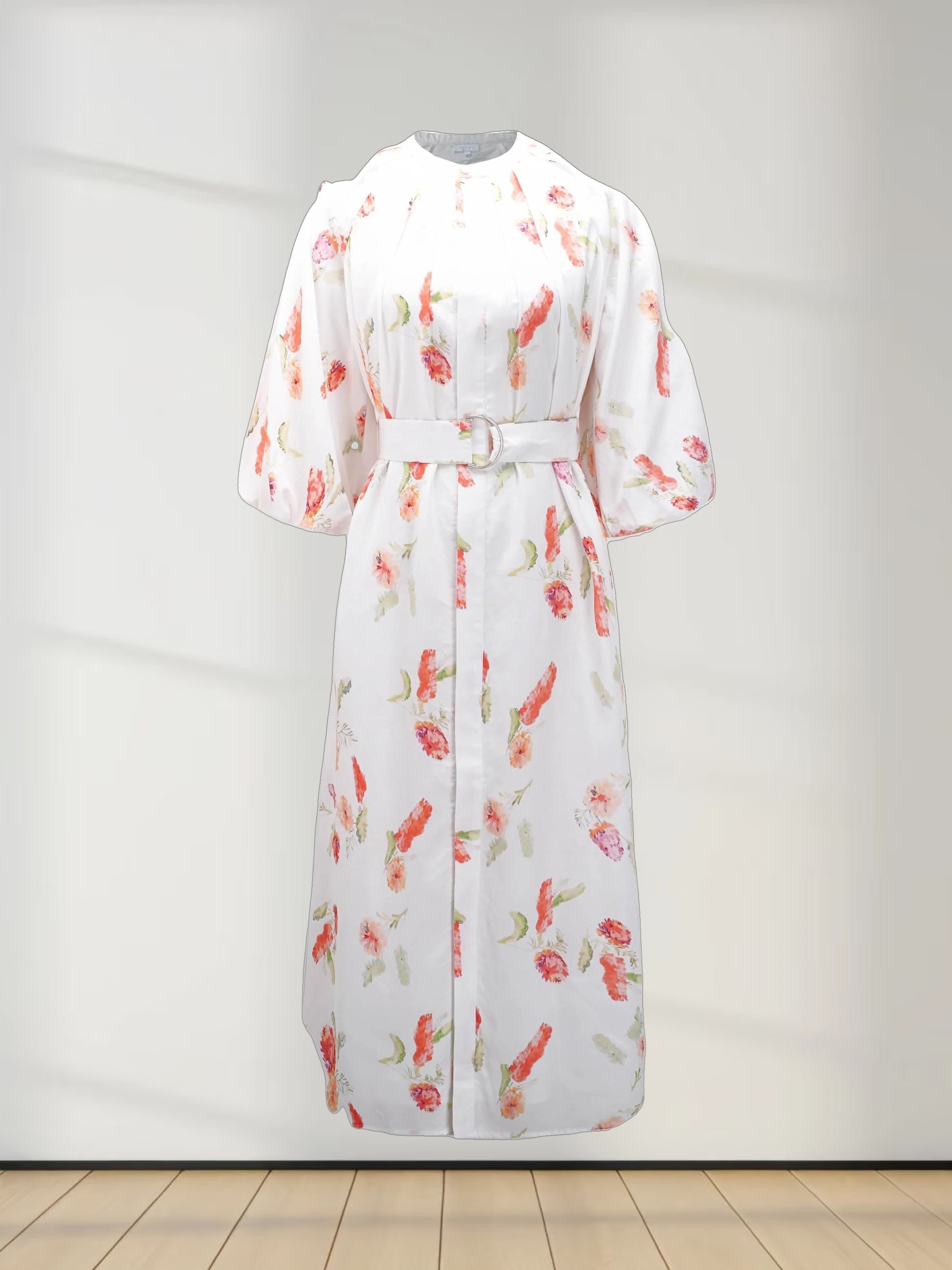 Pleat Neck Belted Dress-Peach Floral