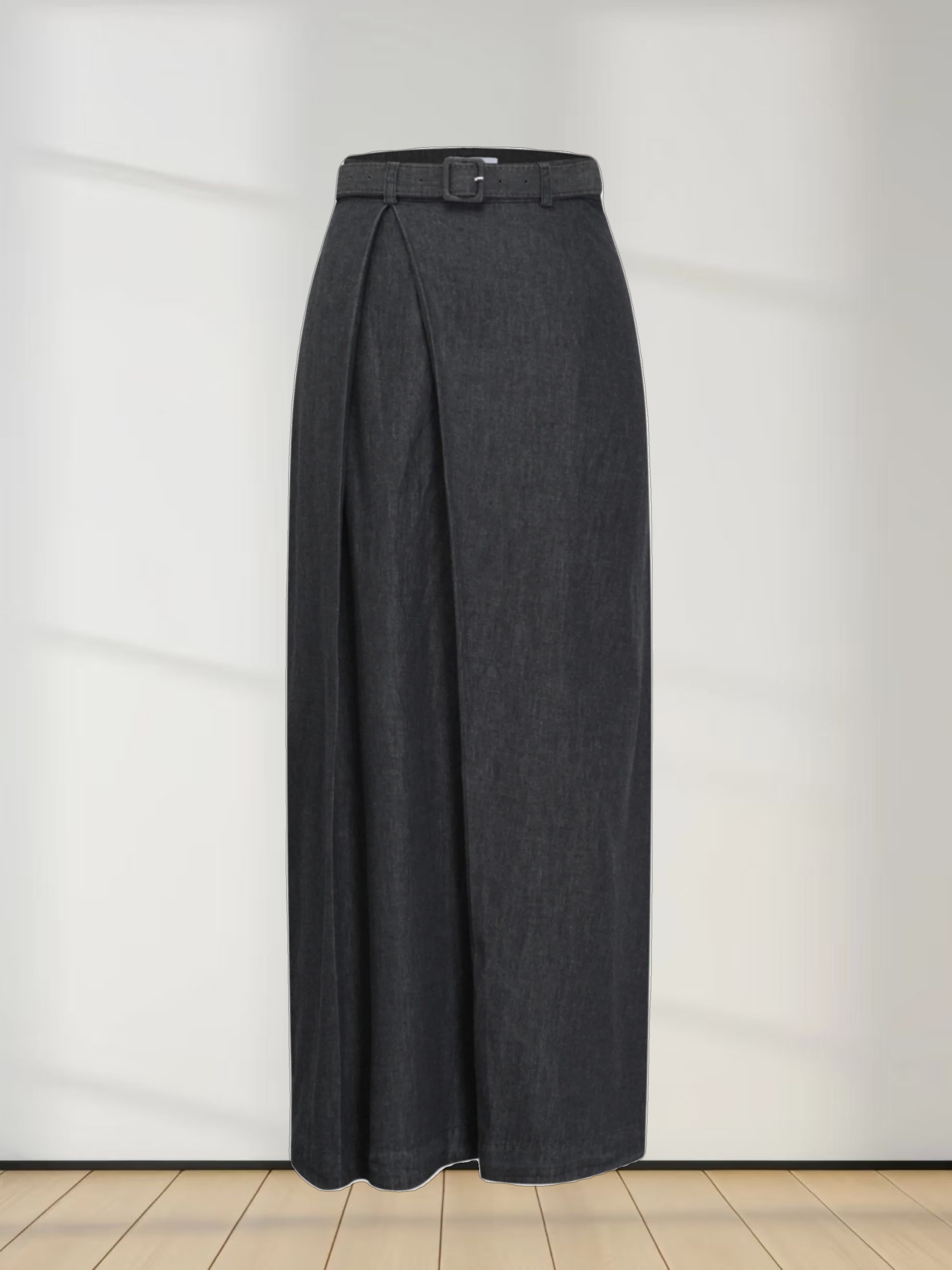 Side Inverted Pleat Denim Skirt-Black