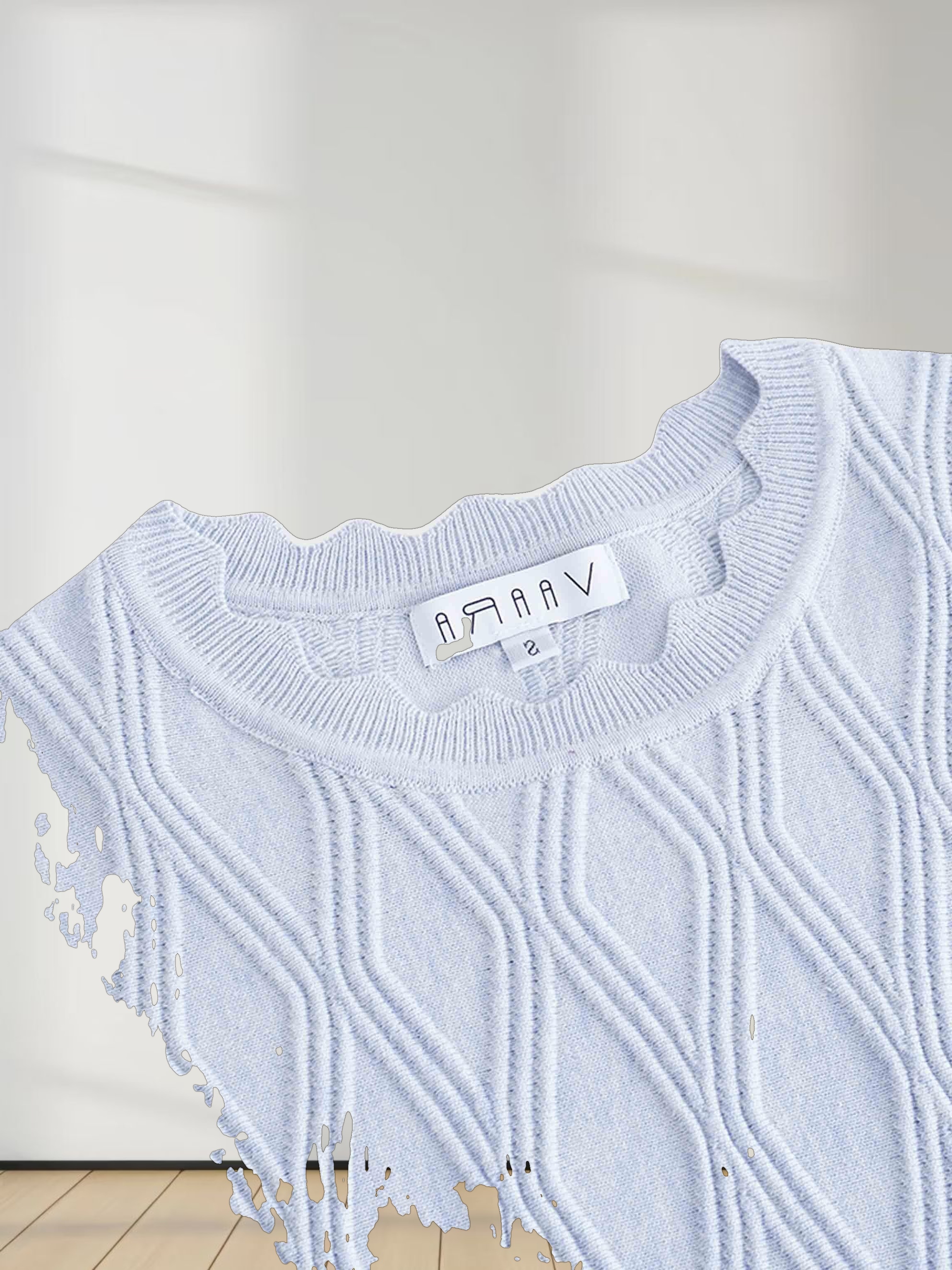 Scalloped Sleeveless Crew Neck Sweater-Light Blue Heather