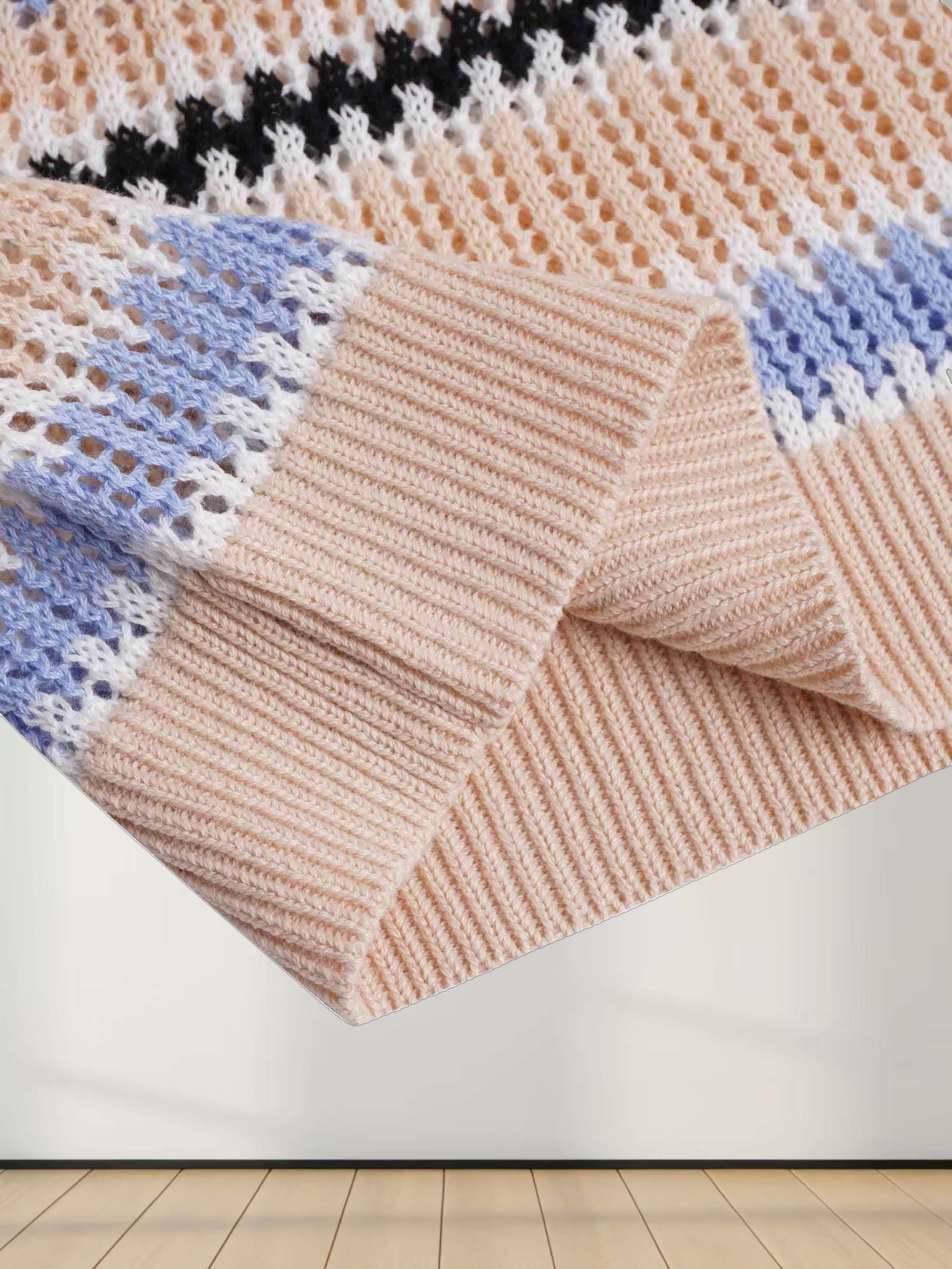 Mesh Striped Sweater-Tan/Light Blue