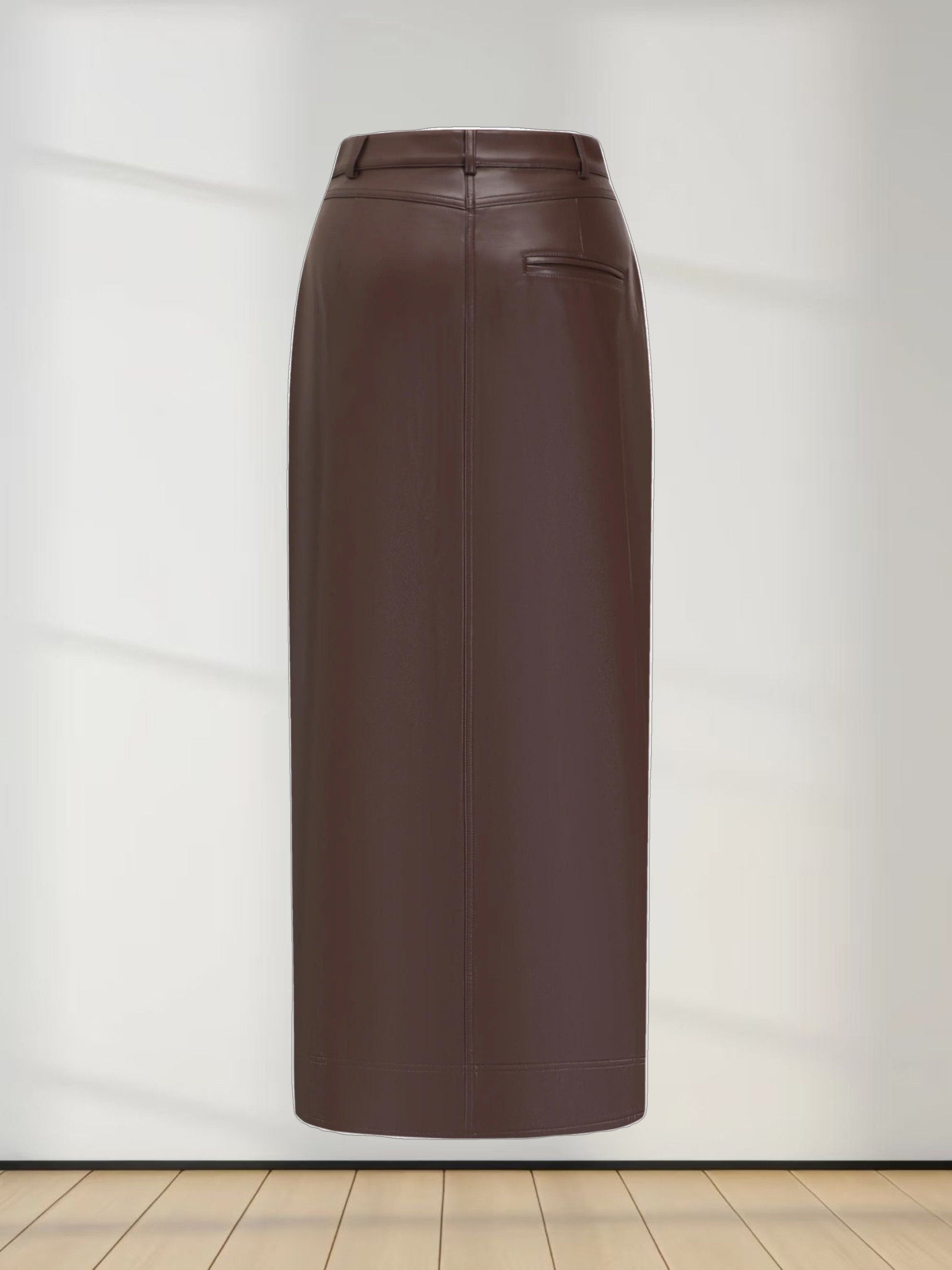 Front Pocket Straight Faux Leather Skirt-Brown