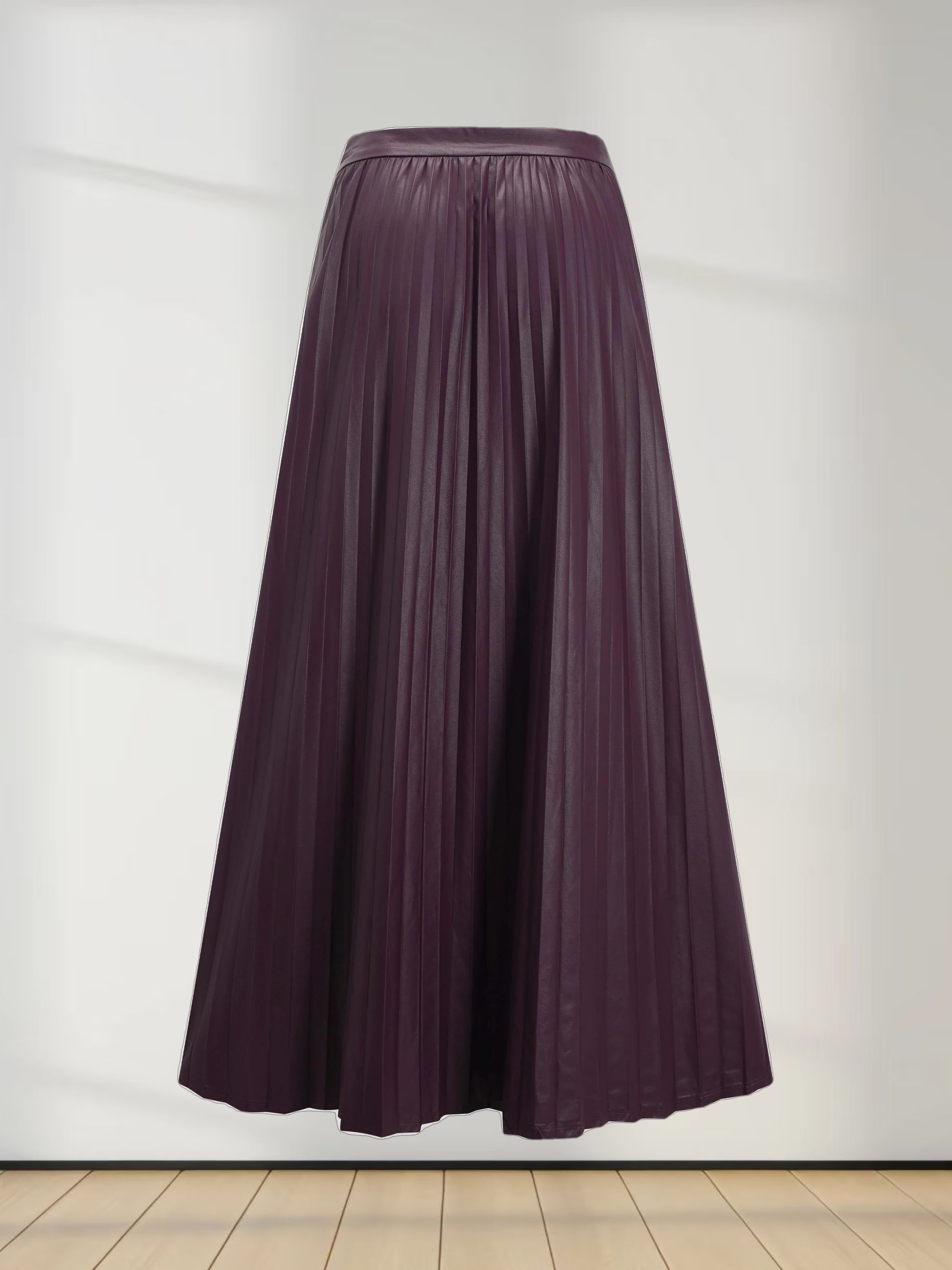 Accordion Pleated Faux Leather Skirt-Eggplant