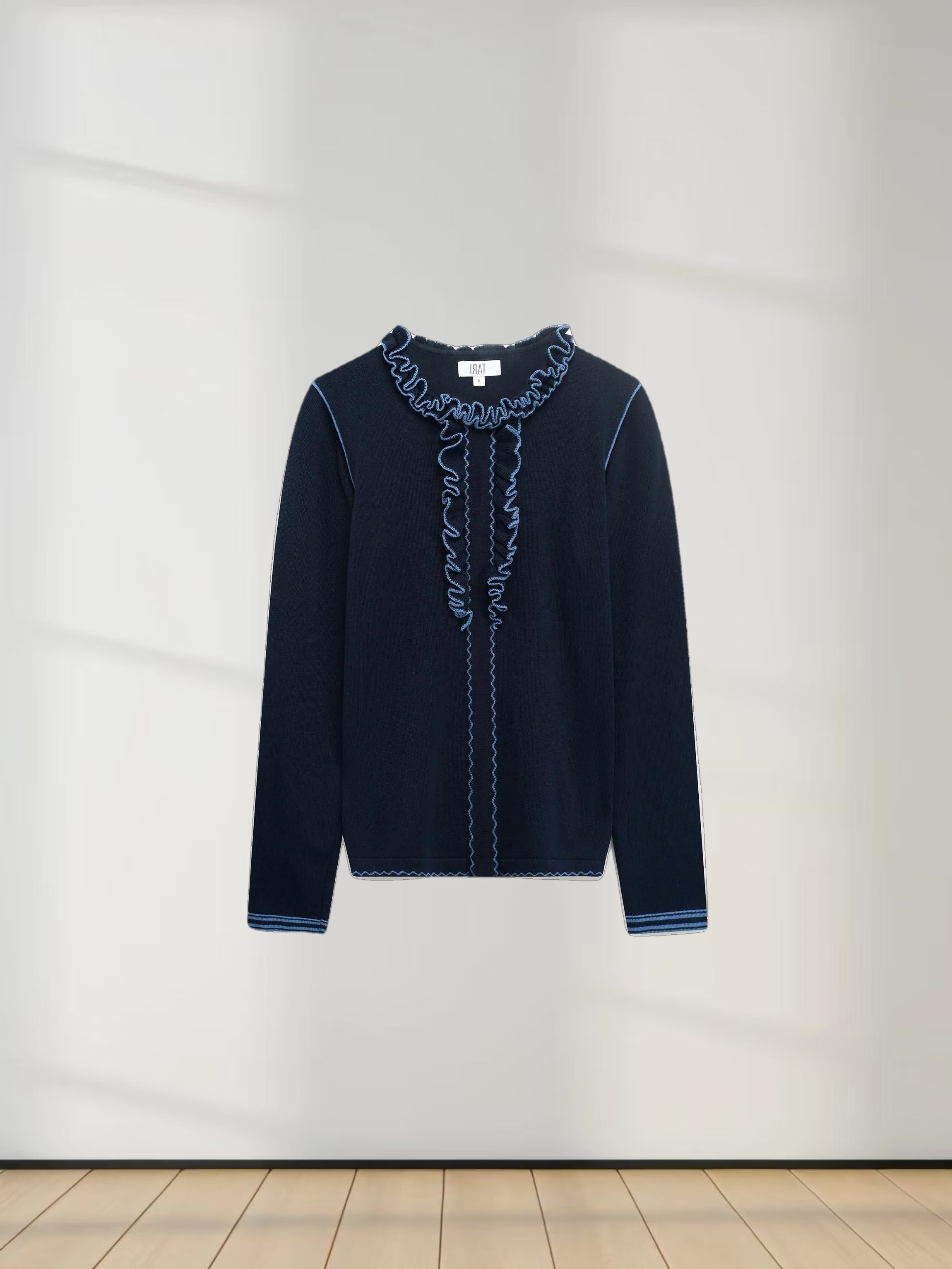 Ruffle Detail Sweater-Navy/Light Blue