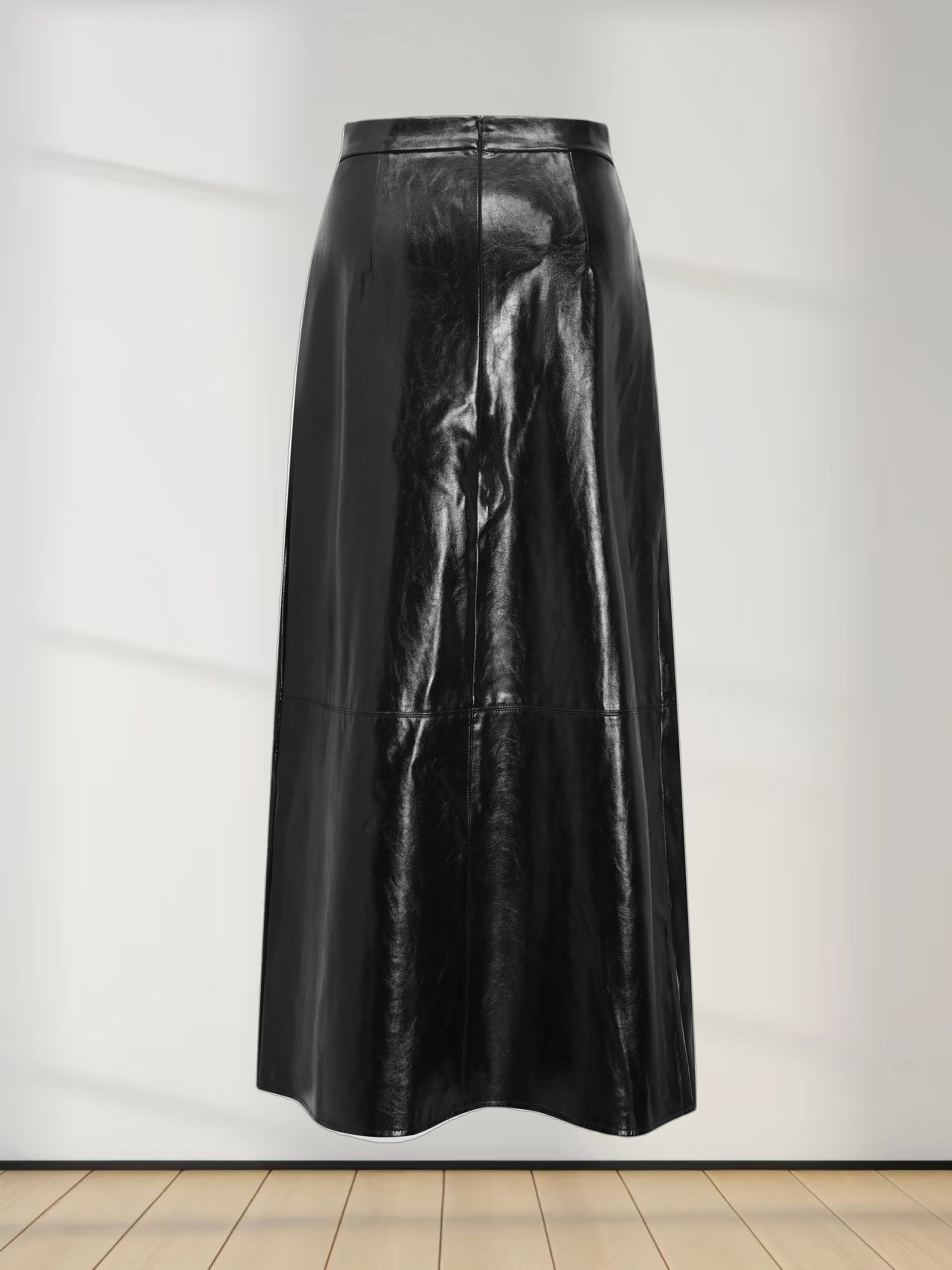 Coated Faux Leather A-Line Skirt-Black