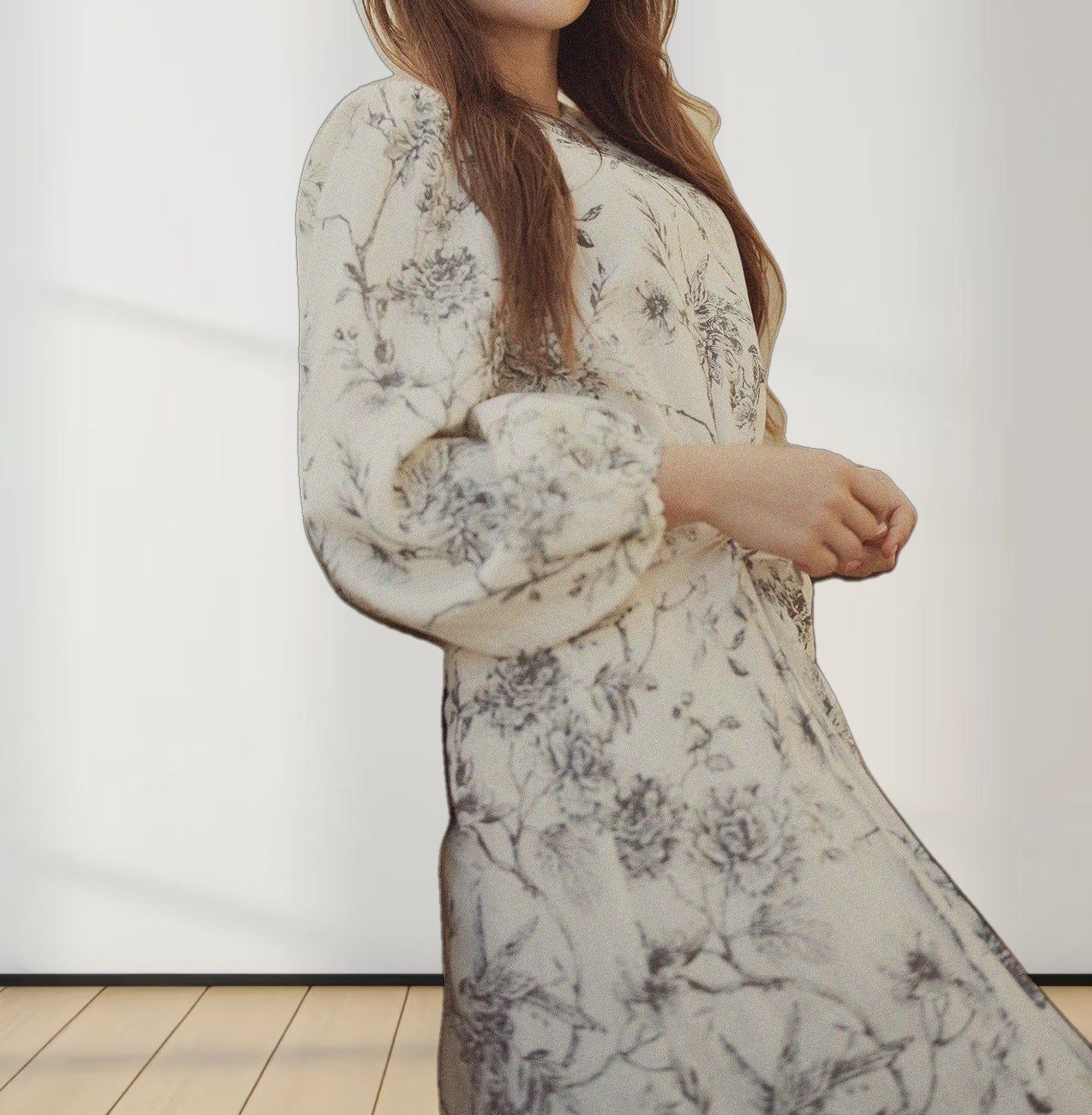 Asymmetrical Yoke Dress-Floral Branch