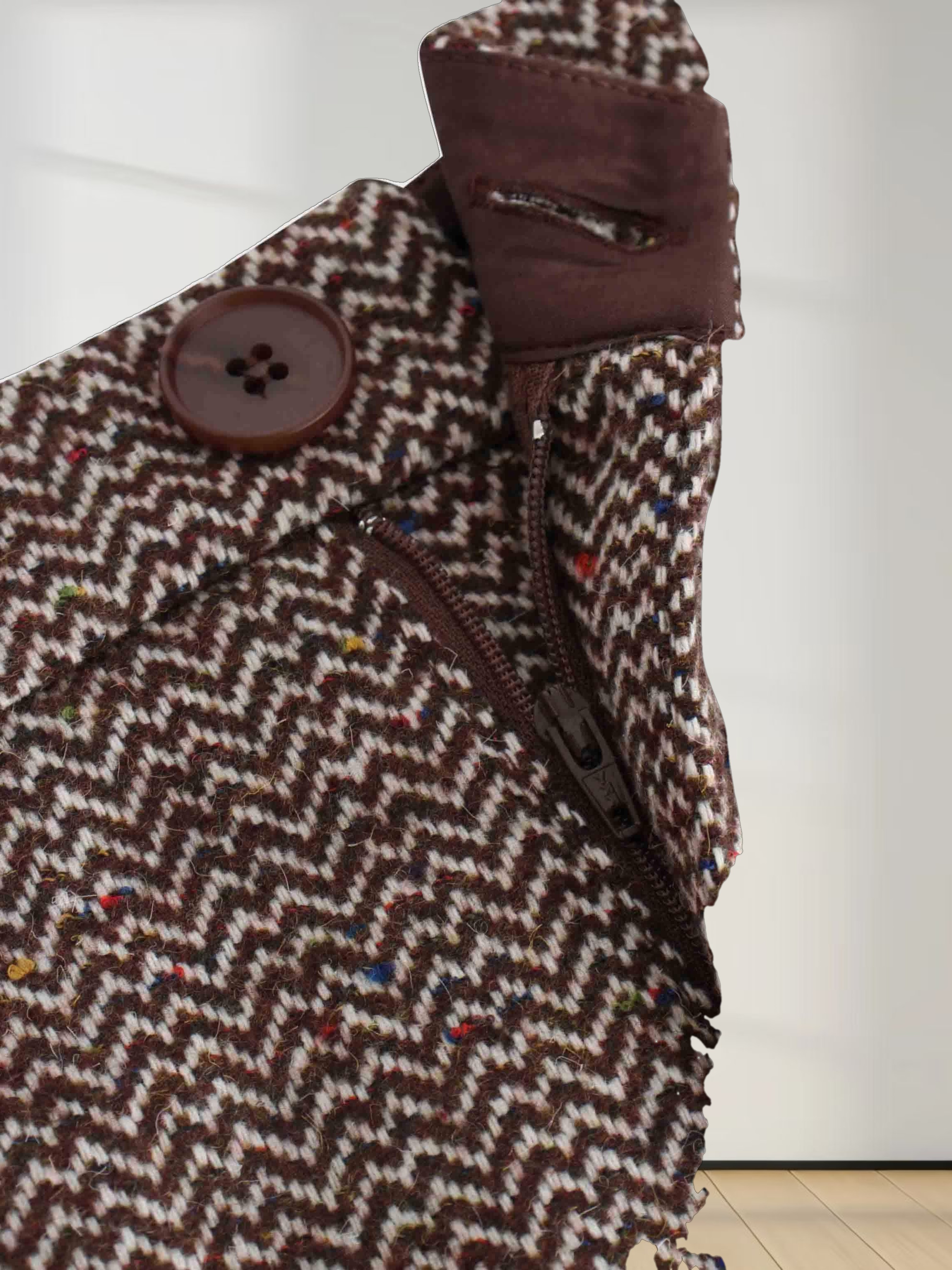 Button Front A-Line Skirt-Brown Herringbone