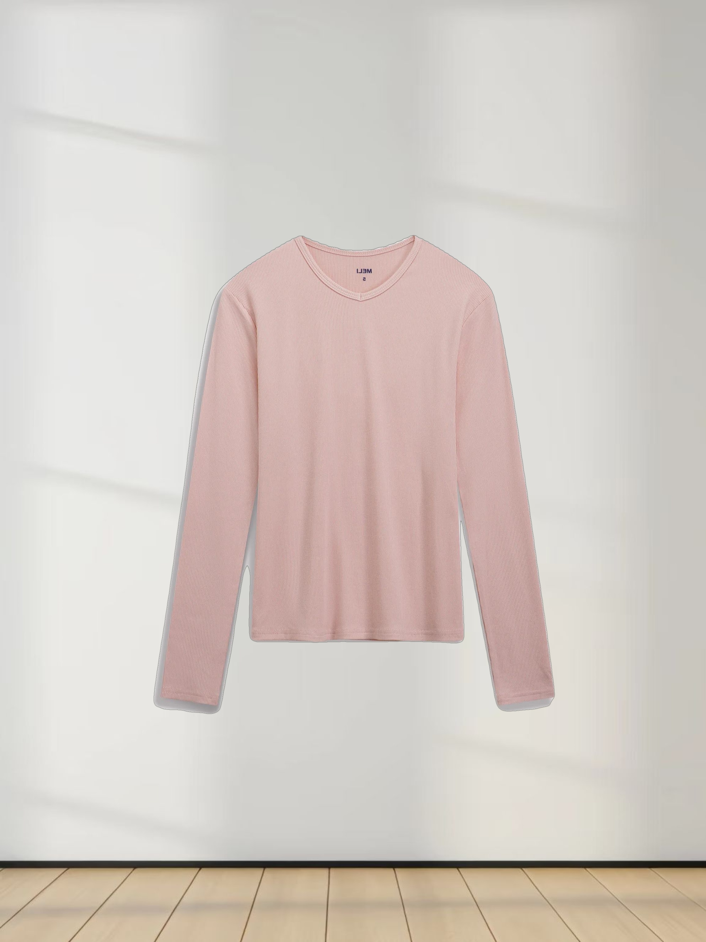 RIBBED HIGH V TEE LS-BABY PINK