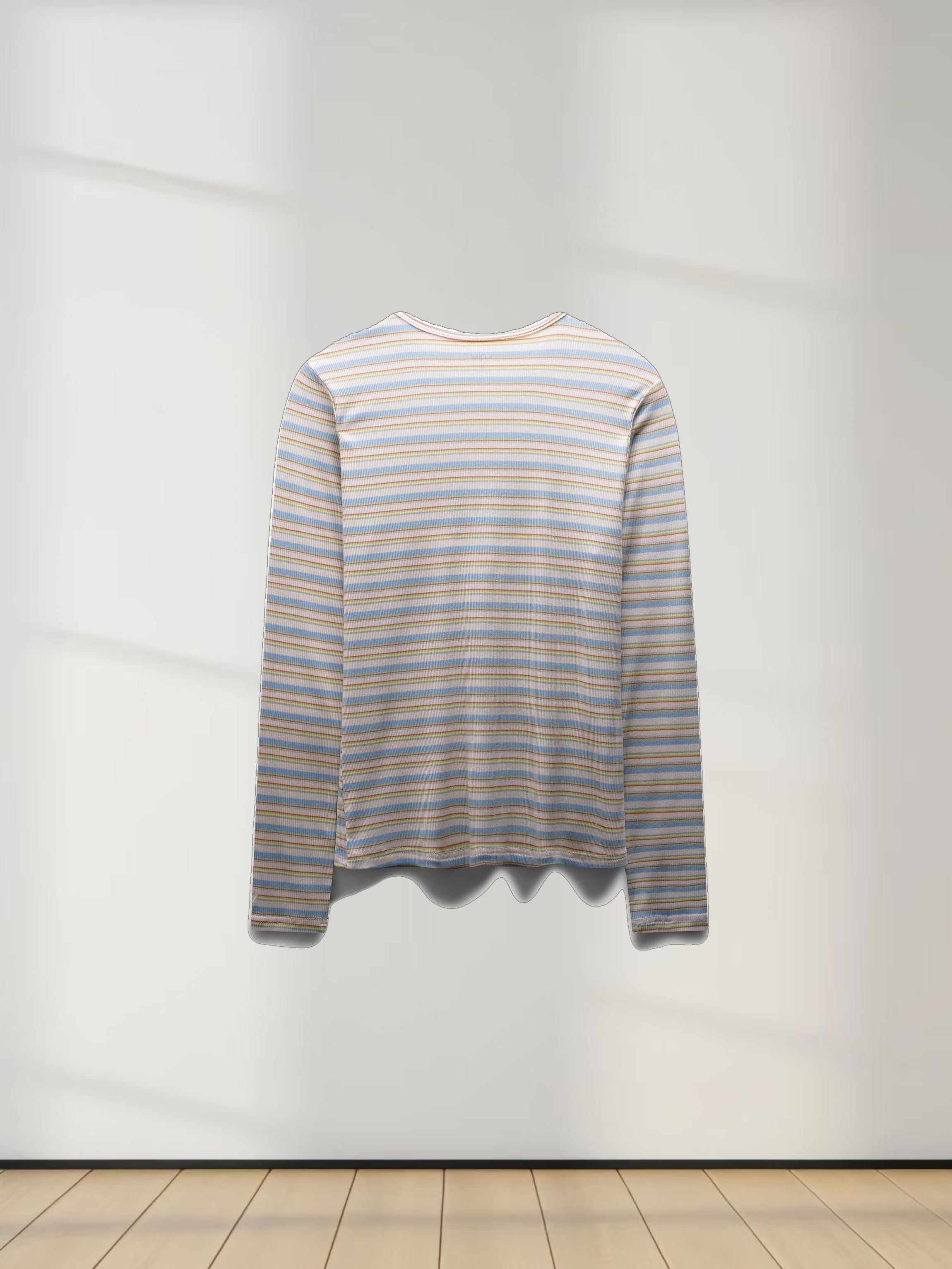 Ribbed Striped High V Tee Long Sleeve-Ivory/Light Blue