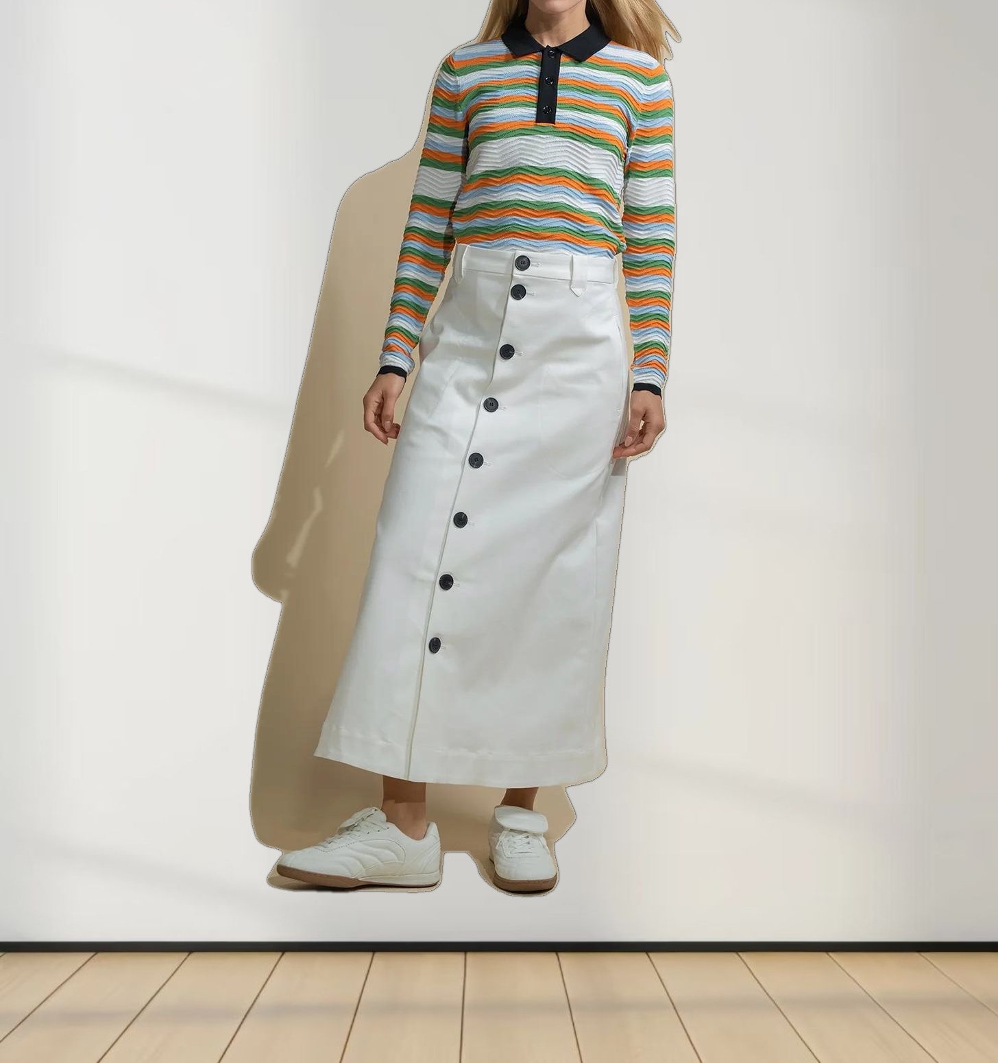 Scallop Edge Collar Sweater-Blue/Orange Stripes