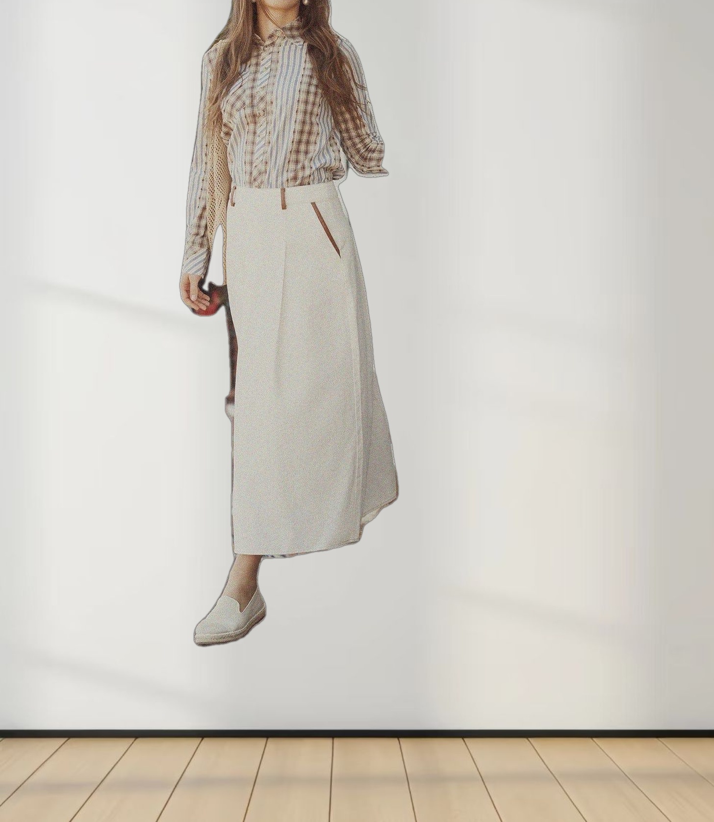 Leather Trim Denim Skirt-White