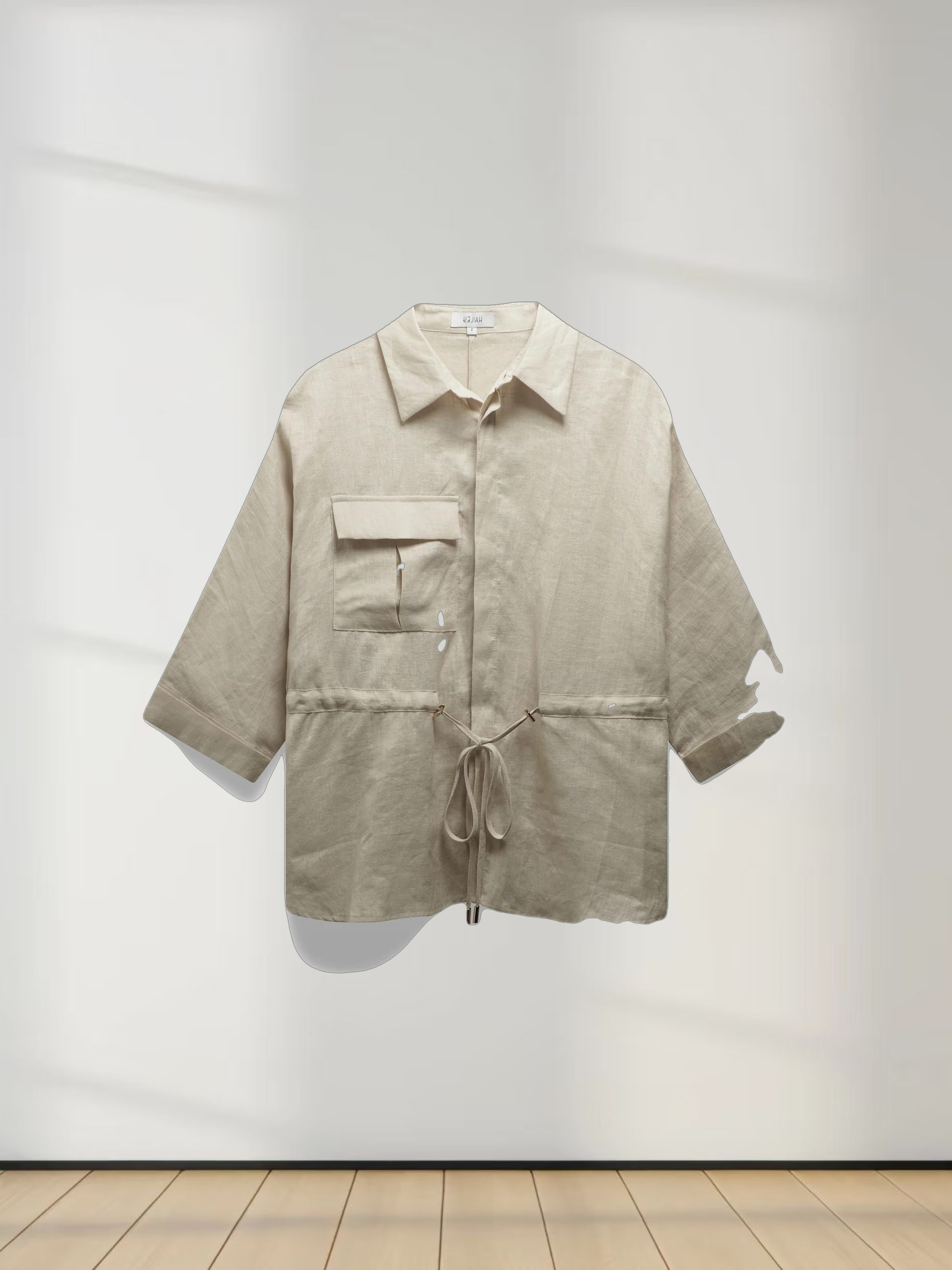 Drawstring Button Down Linen Top-Ecru
