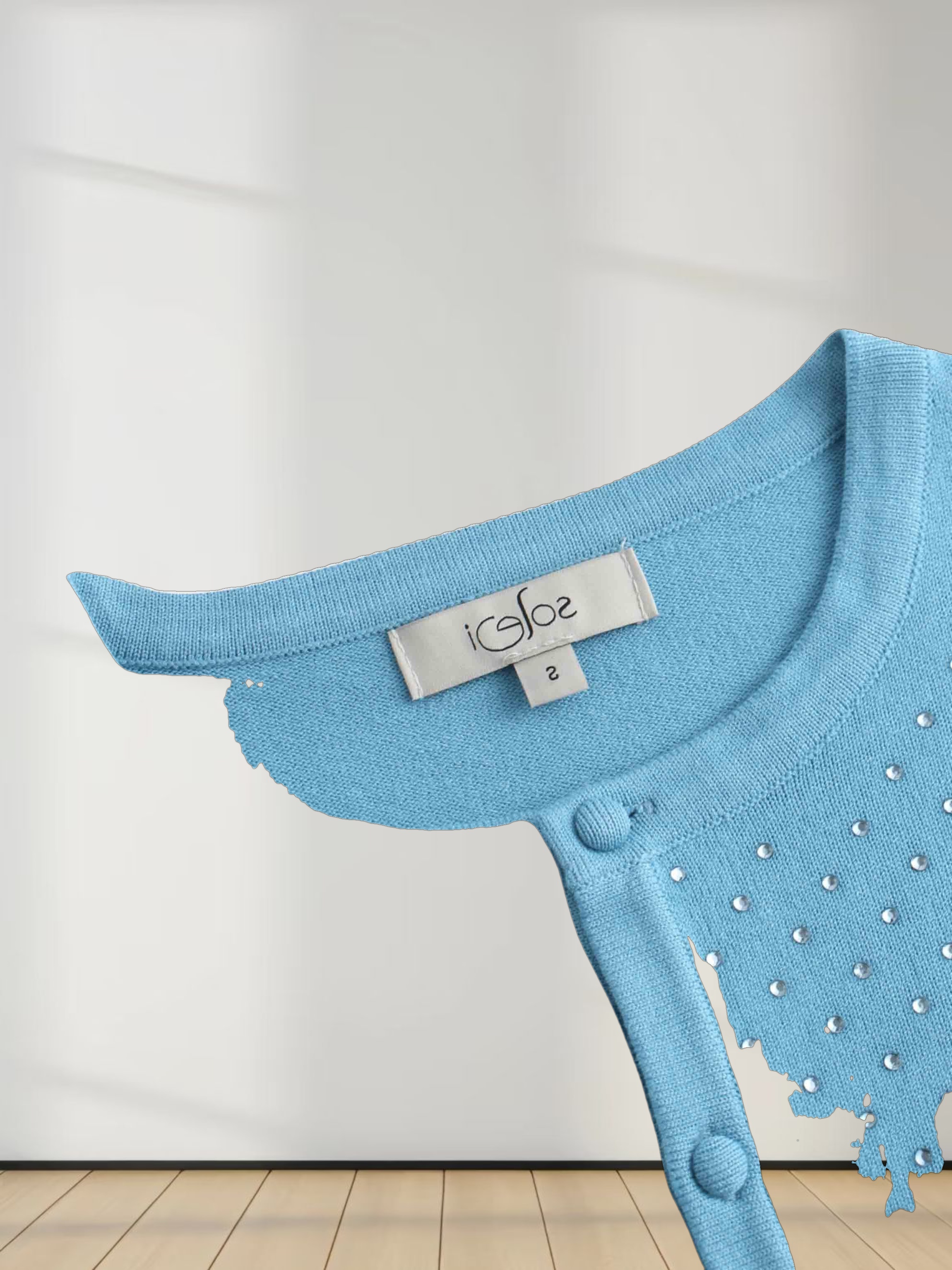 Stone Embellished Crew Cardigan-Sky Blue