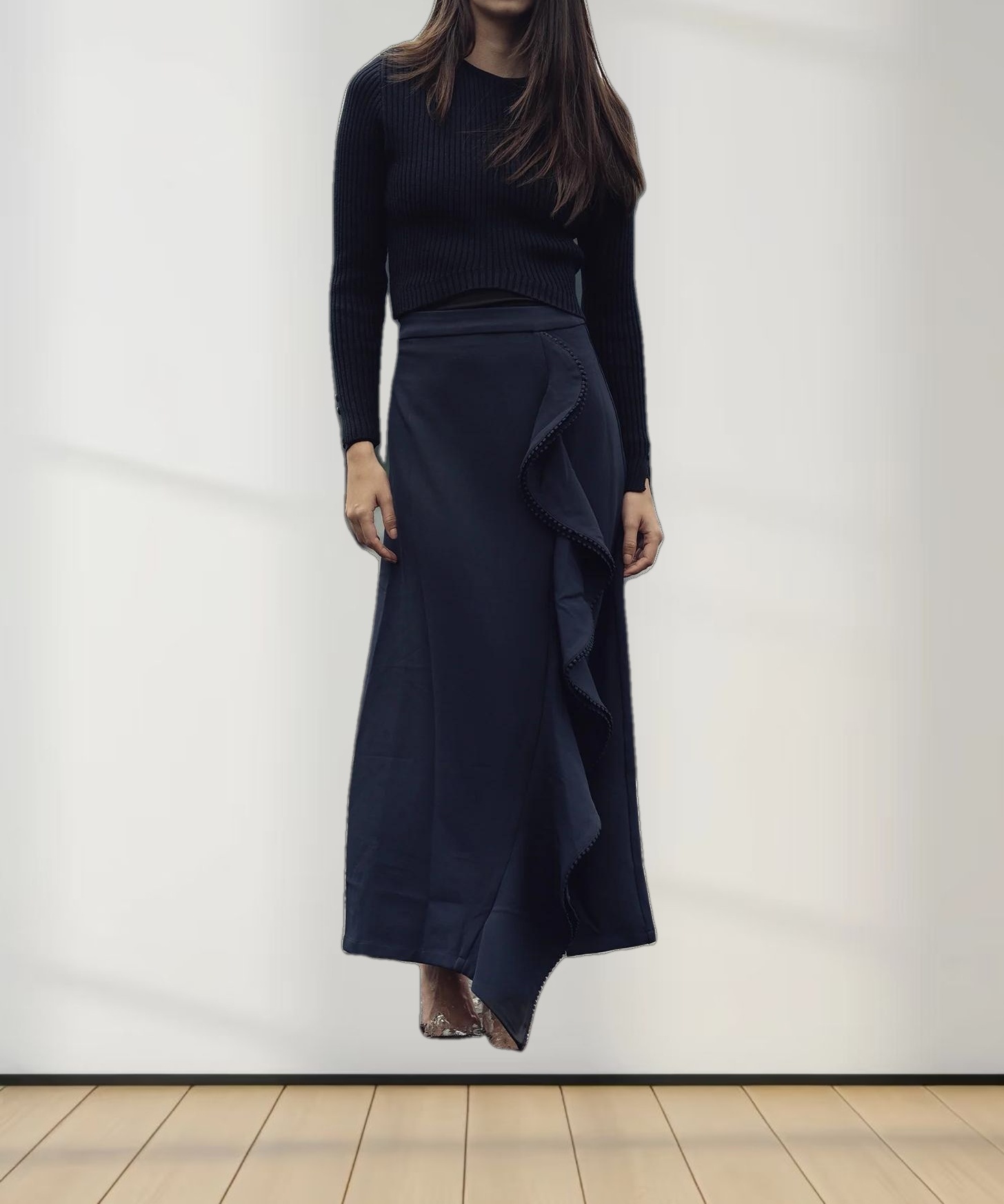 V Bottom Crop Sweater-Navy