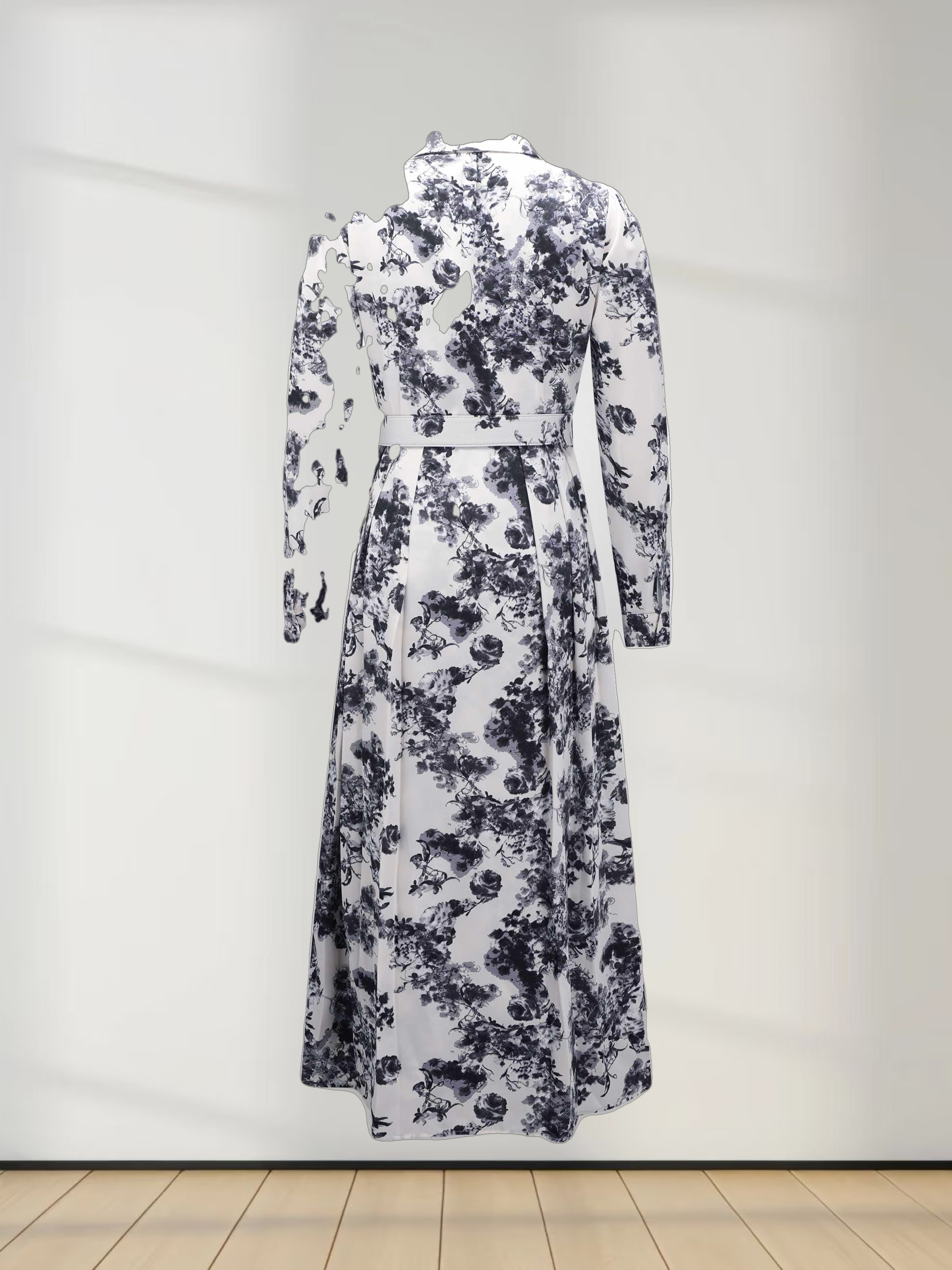 Belted Waist Pleat Shirtdress-Cream/Blue Floral