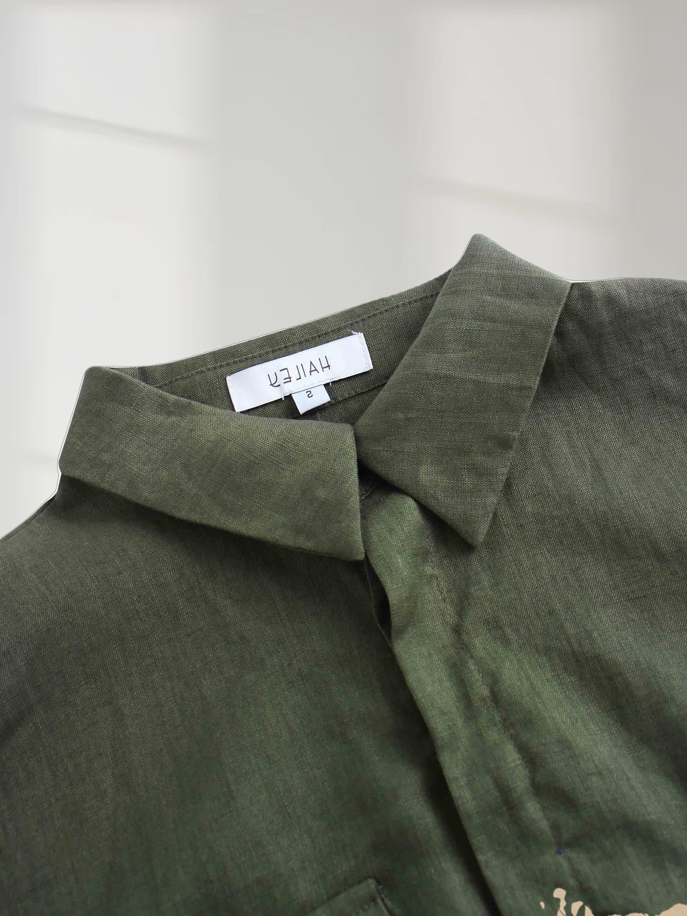 Drawstring Button Down Linen Top-Olive Green