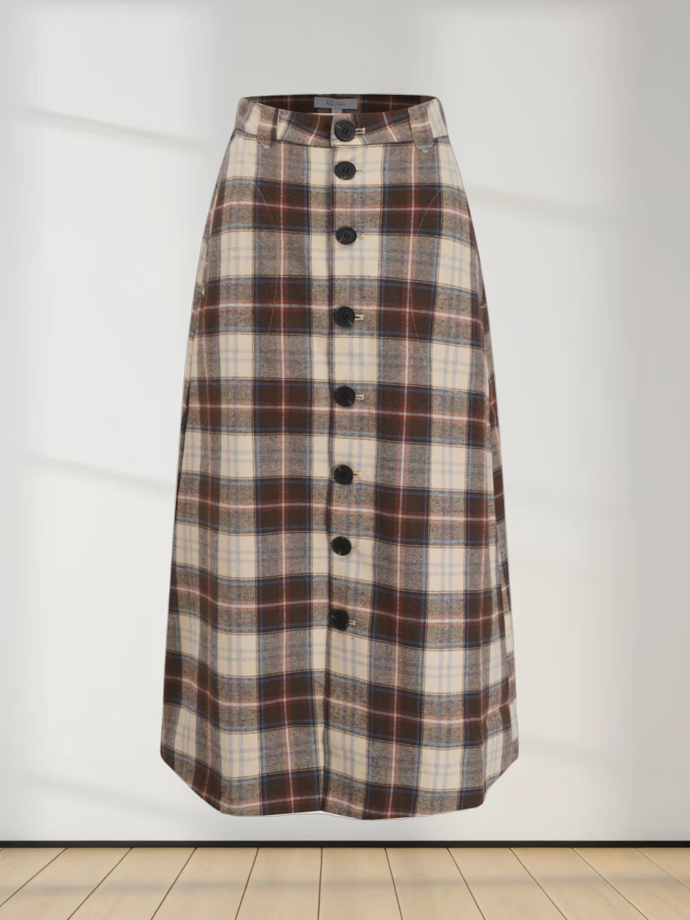 Plaid Button Down A-Line Skirt-Ivory/Tan/Brown