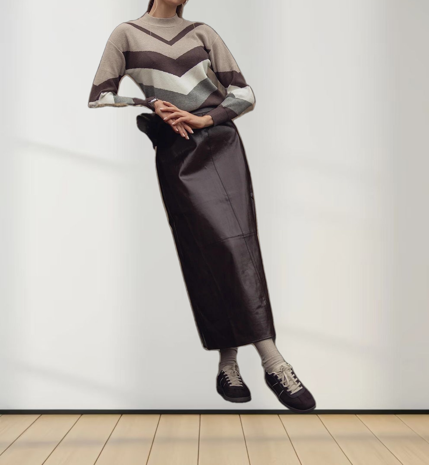 Coated Faux Leather A-Line Skirt-Brown