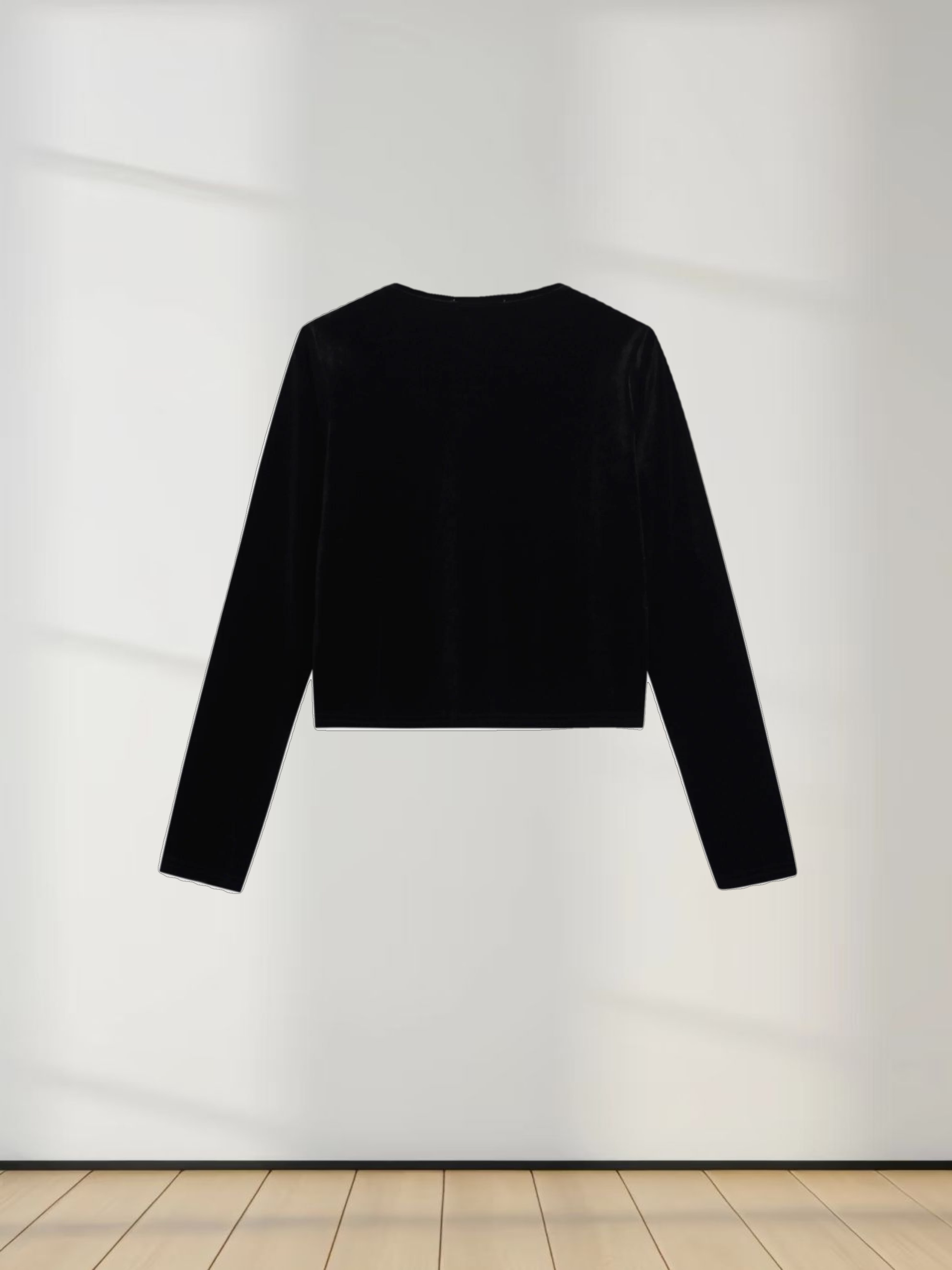 Velour Button Down Crew Cardigan-Black