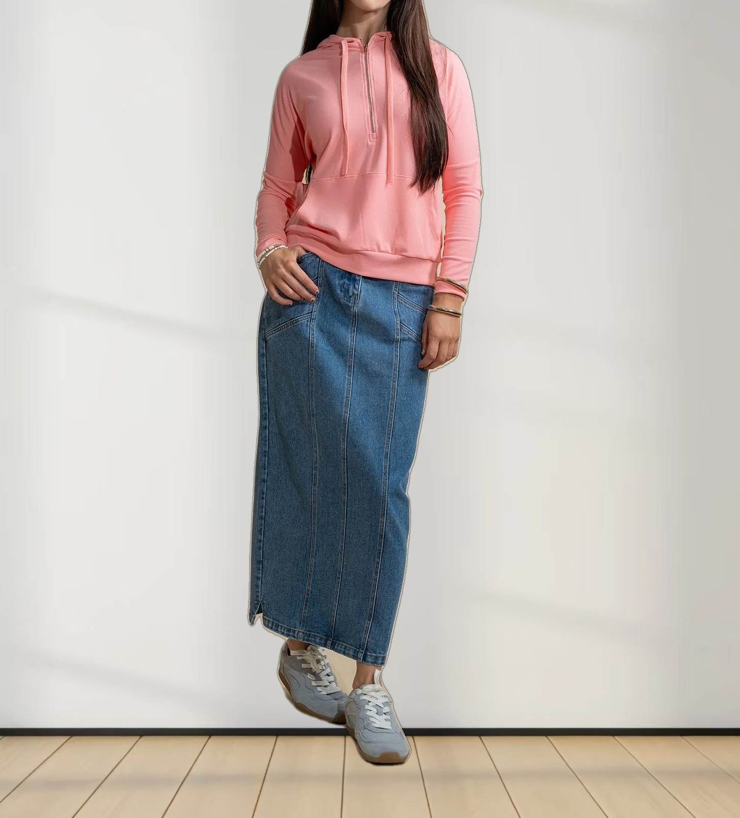 Ribbed Half Zip Hoodie Tee-Coral Pink