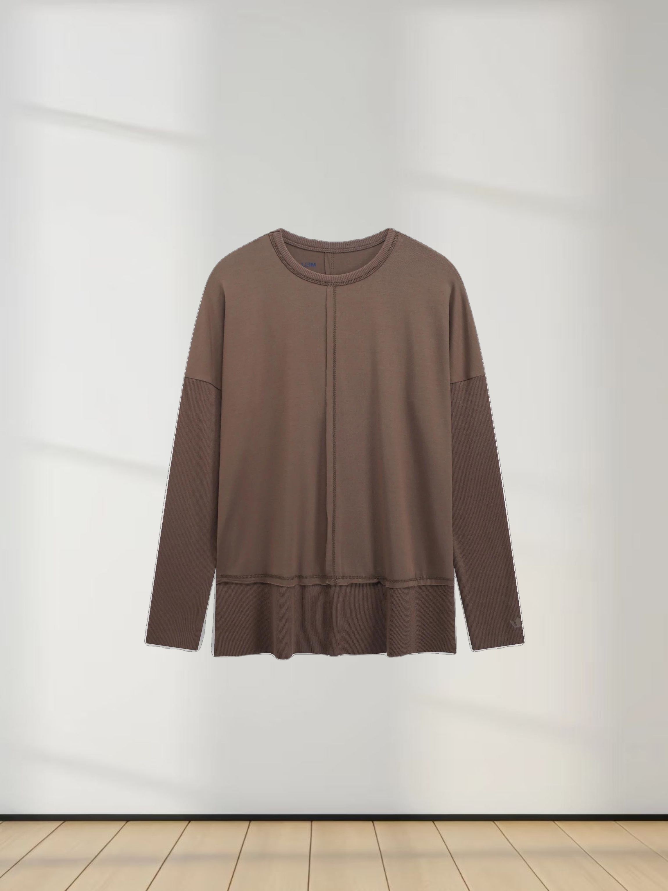 RIBBED BOTTOM T-SHIRT-BROWN