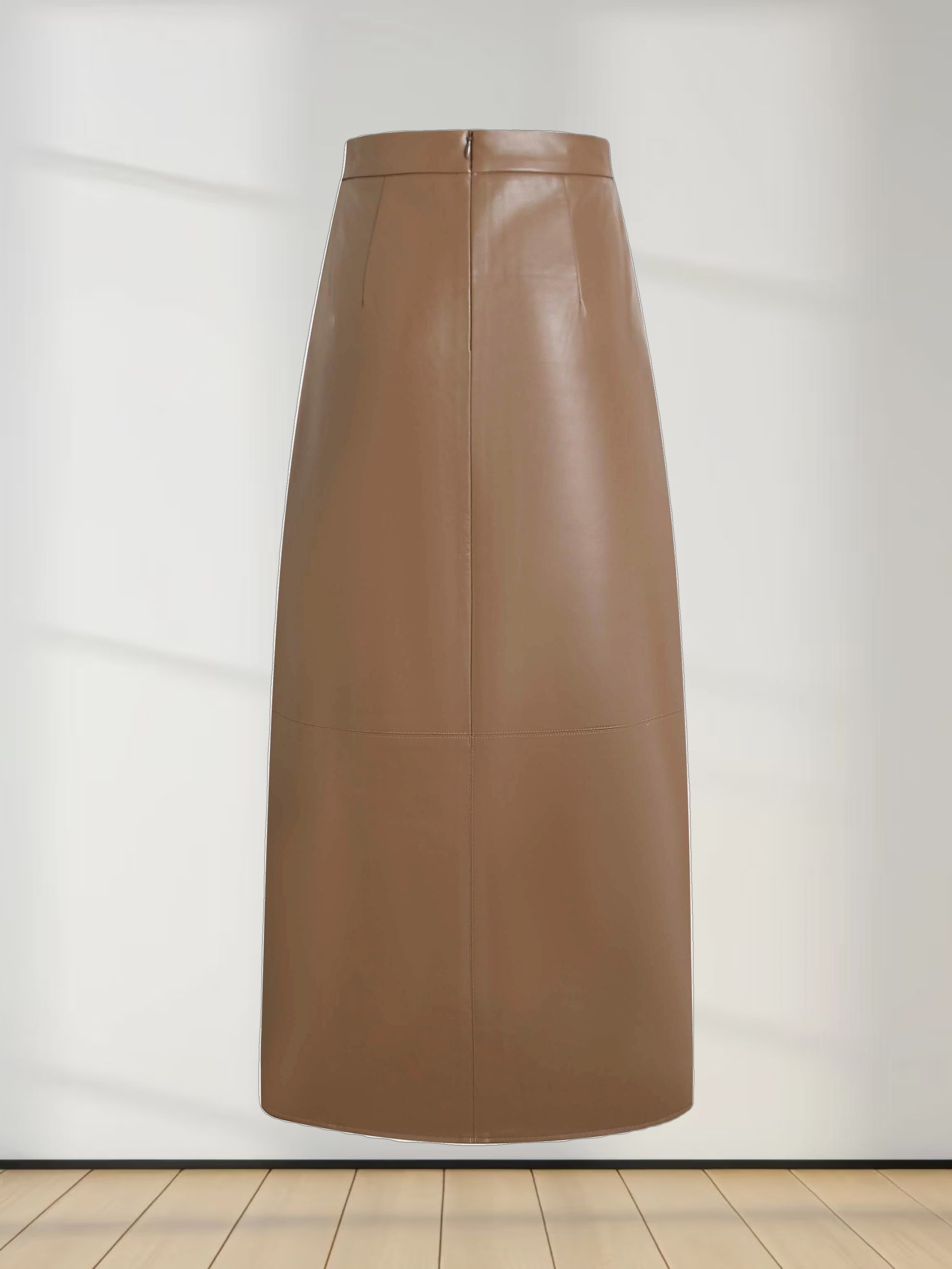 Leather A-Line Skirt-Olive