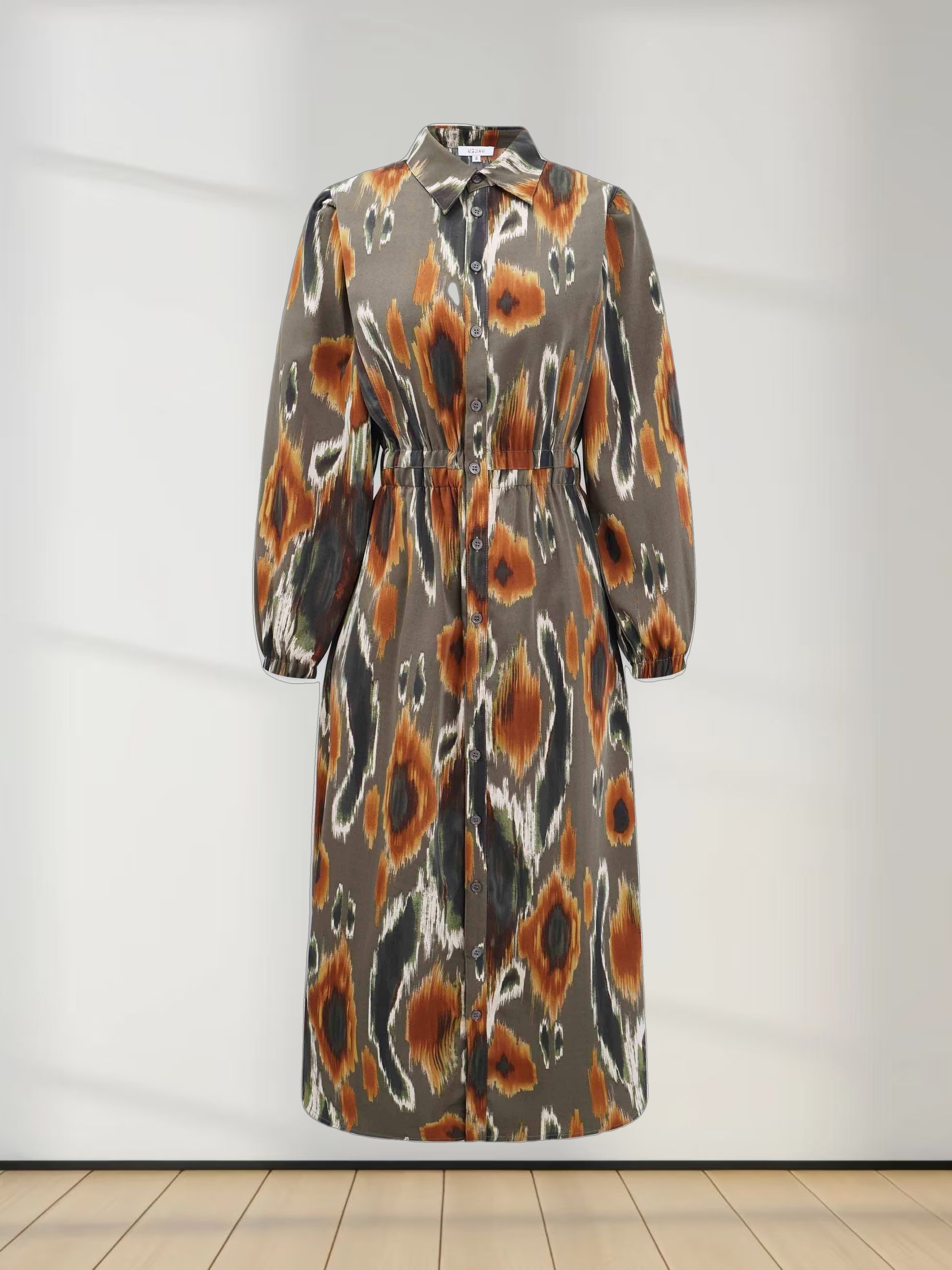 Puff Sleeve Elastic Waist Shirtdress - Olive Ikat