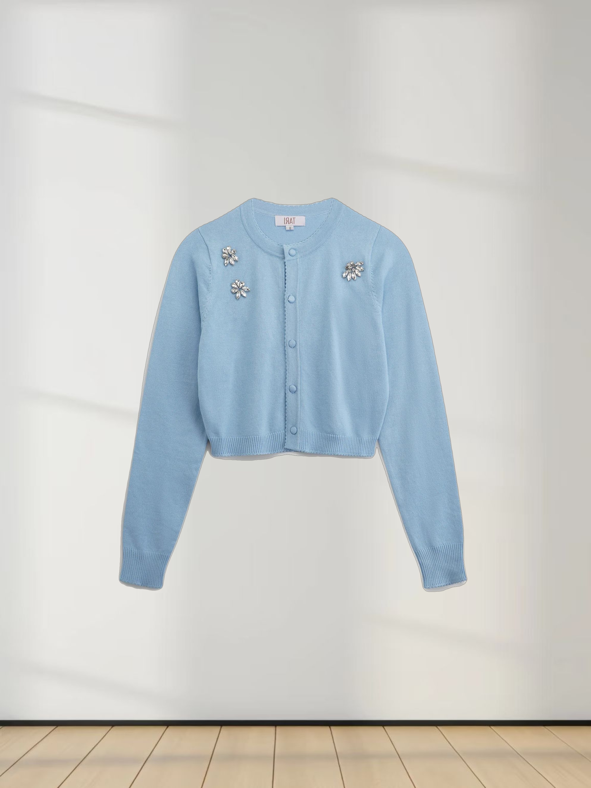 Embellished Cluster Crop Cardigan-Light Blue