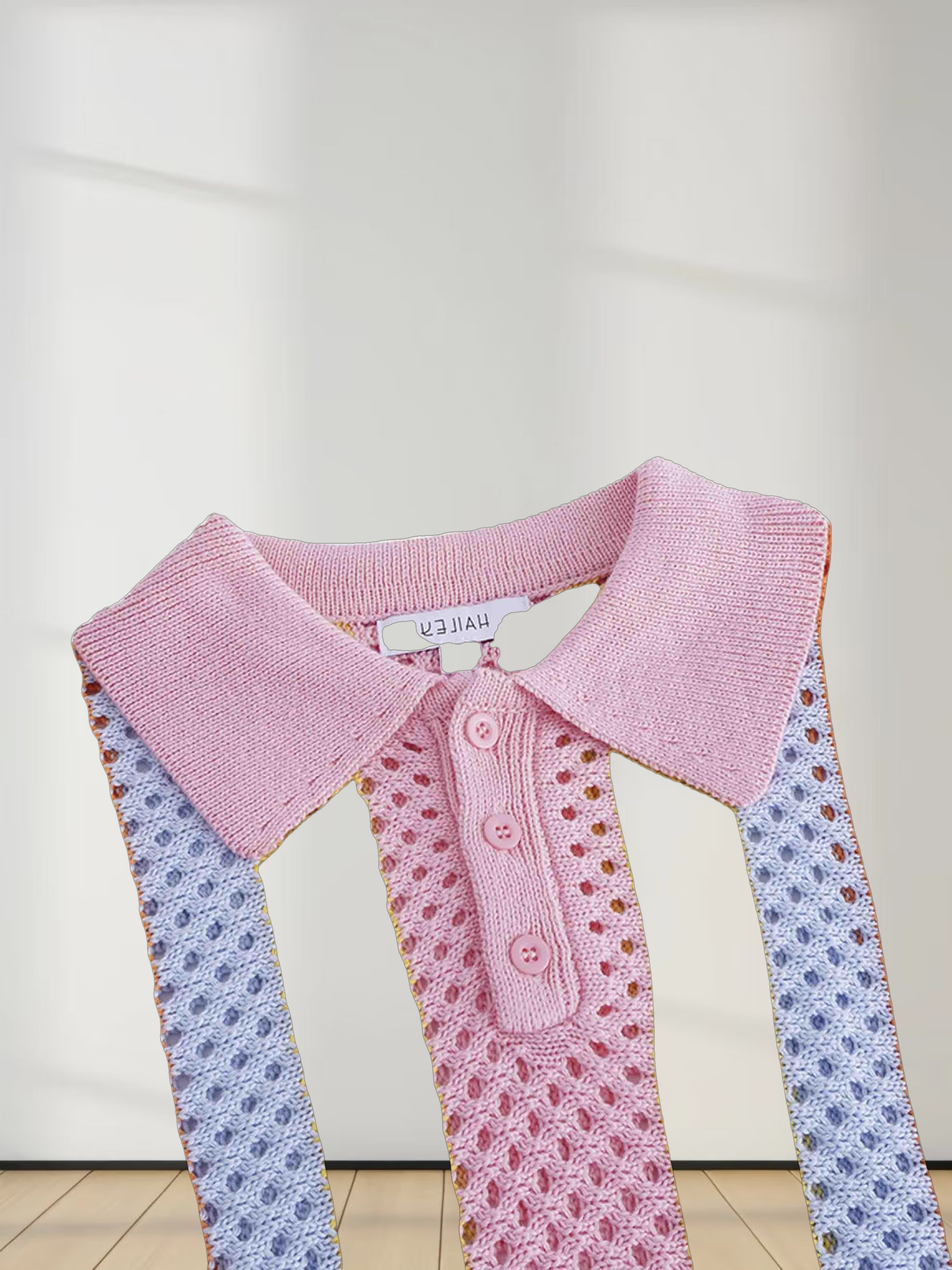 Mesh Striped Polo Sweater-Pink