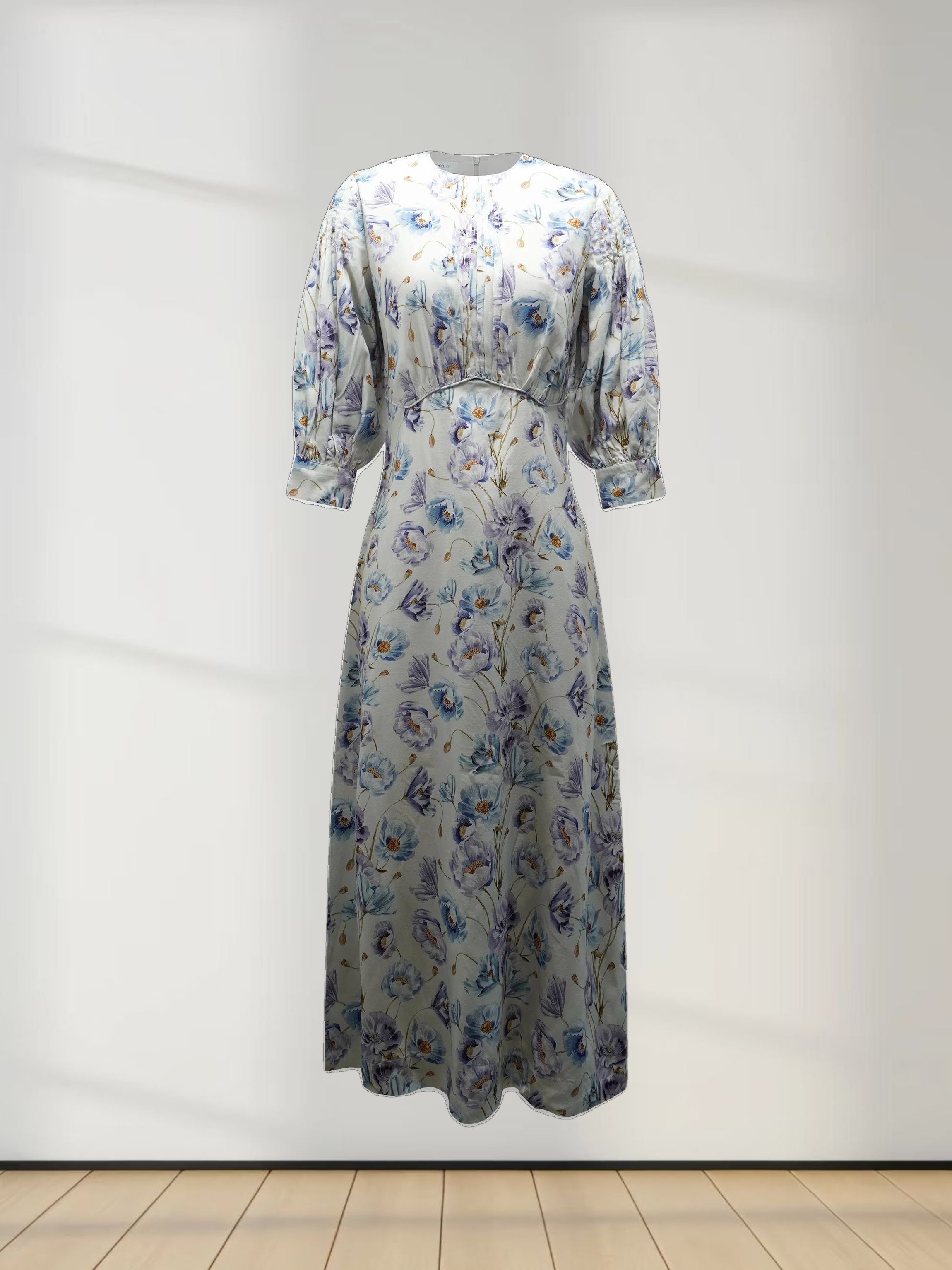 Pleated Sleeve High Waisted Dress-Floral