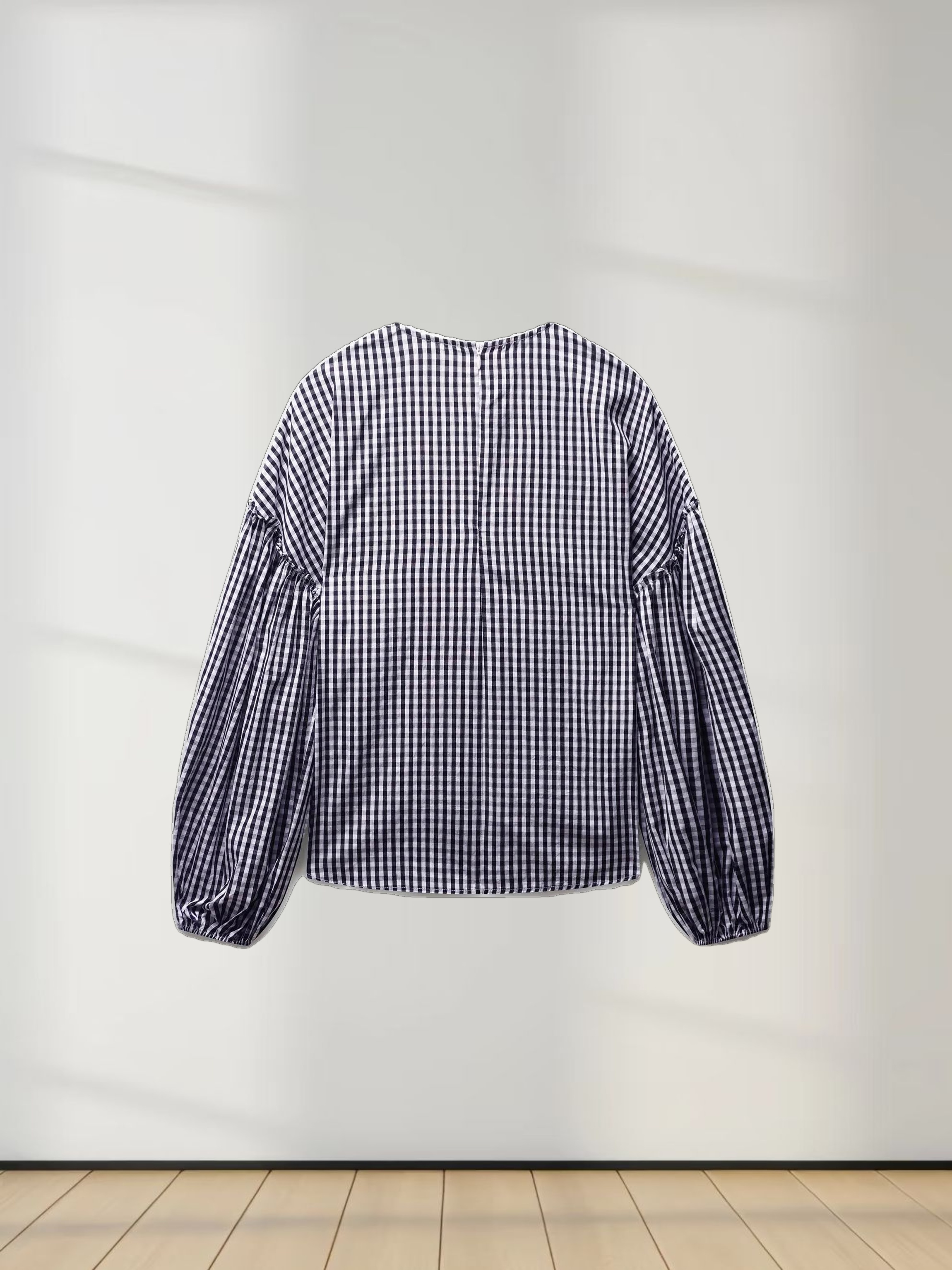 Bubble Sleeve Top-Black/White Gingham