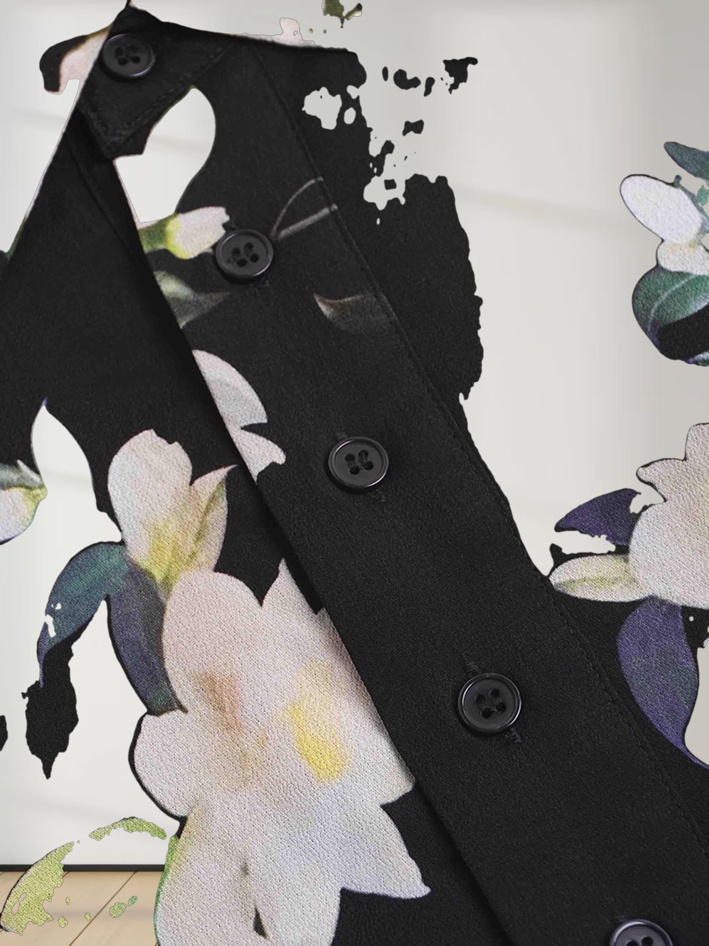 Printed Shirred Pocket Dress-Black and White Floral