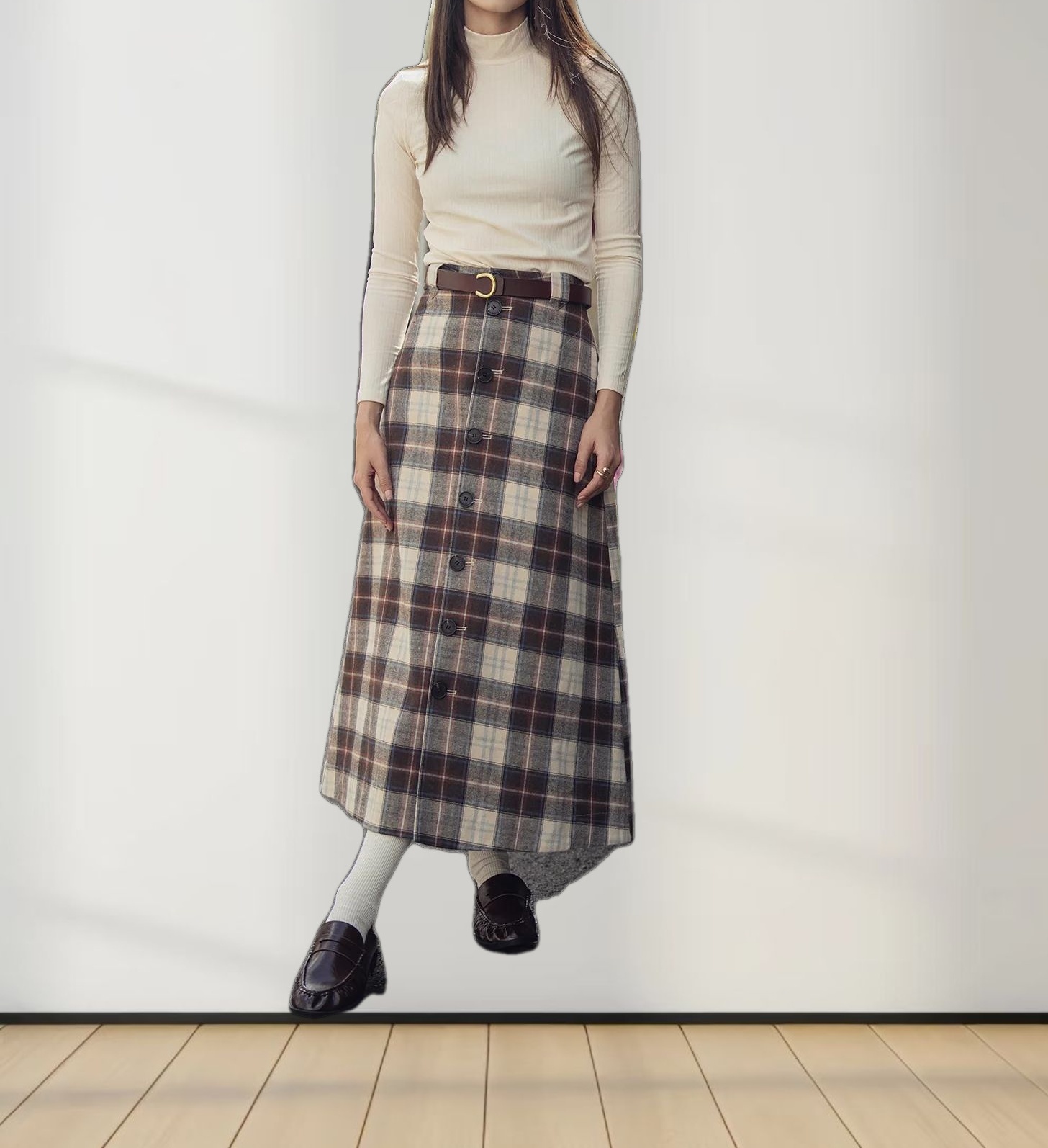 Plaid Button Down A-Line Skirt-Ivory/Tan/Brown