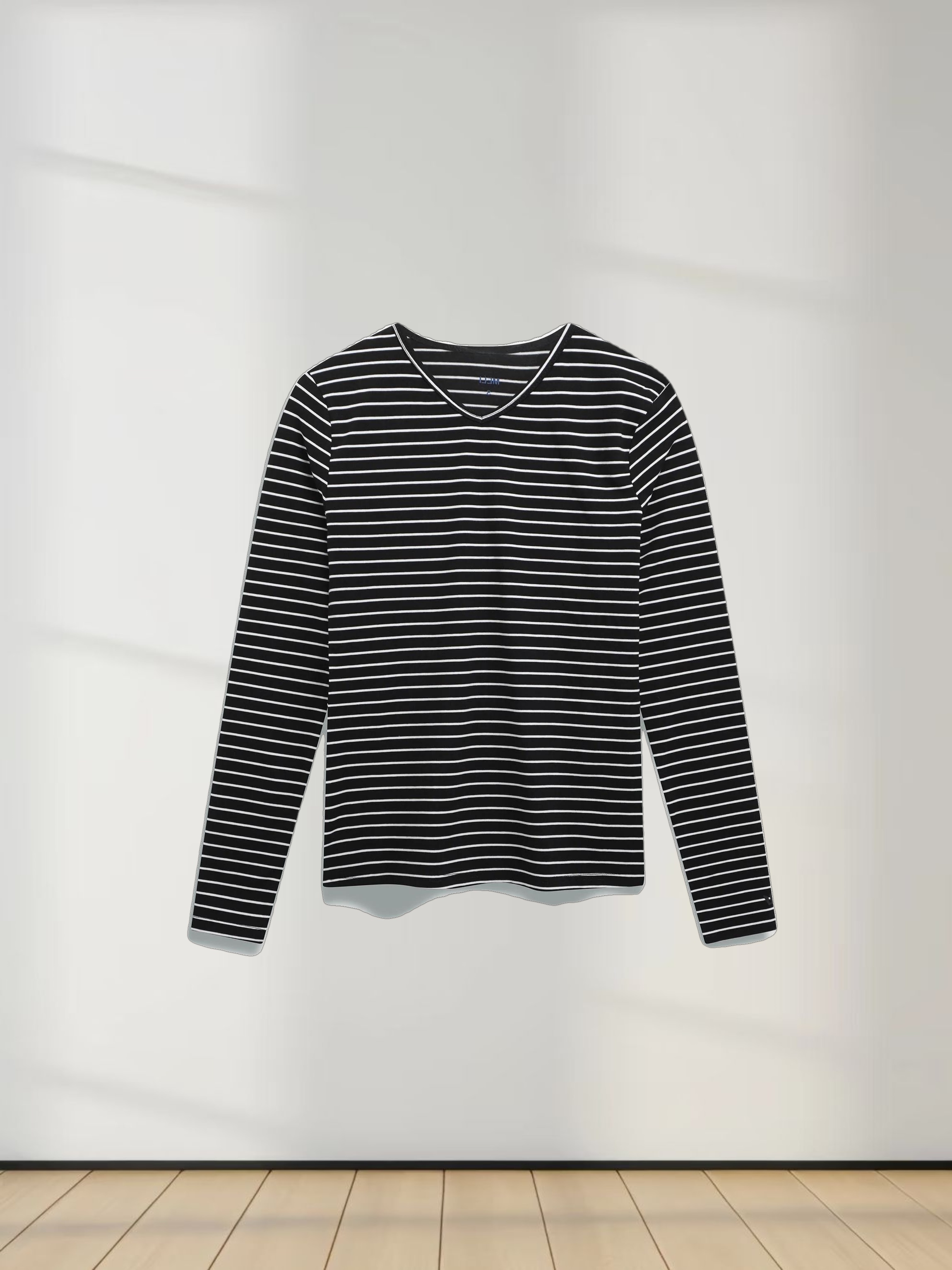 Flat Striped High V Long Sleeve-Black/White