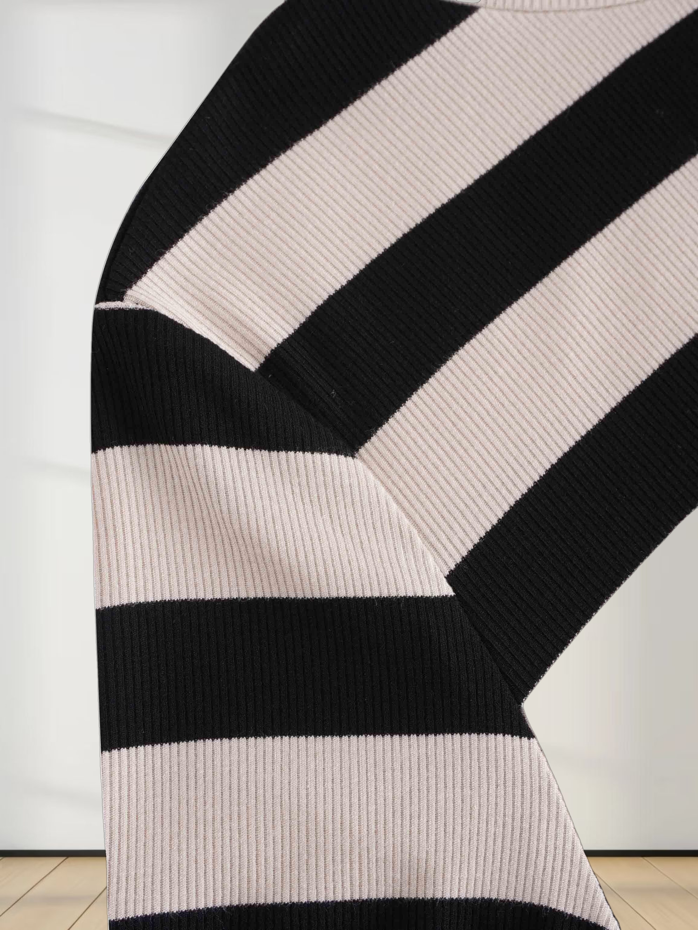 Striped Ribbed Turtleneck-Black/Cream