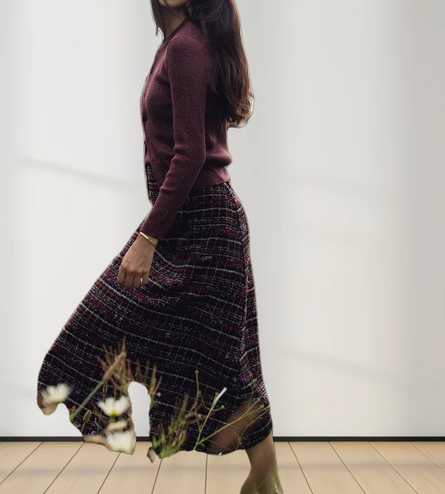 A-Line High Low Skirt-Burgundy Tweed