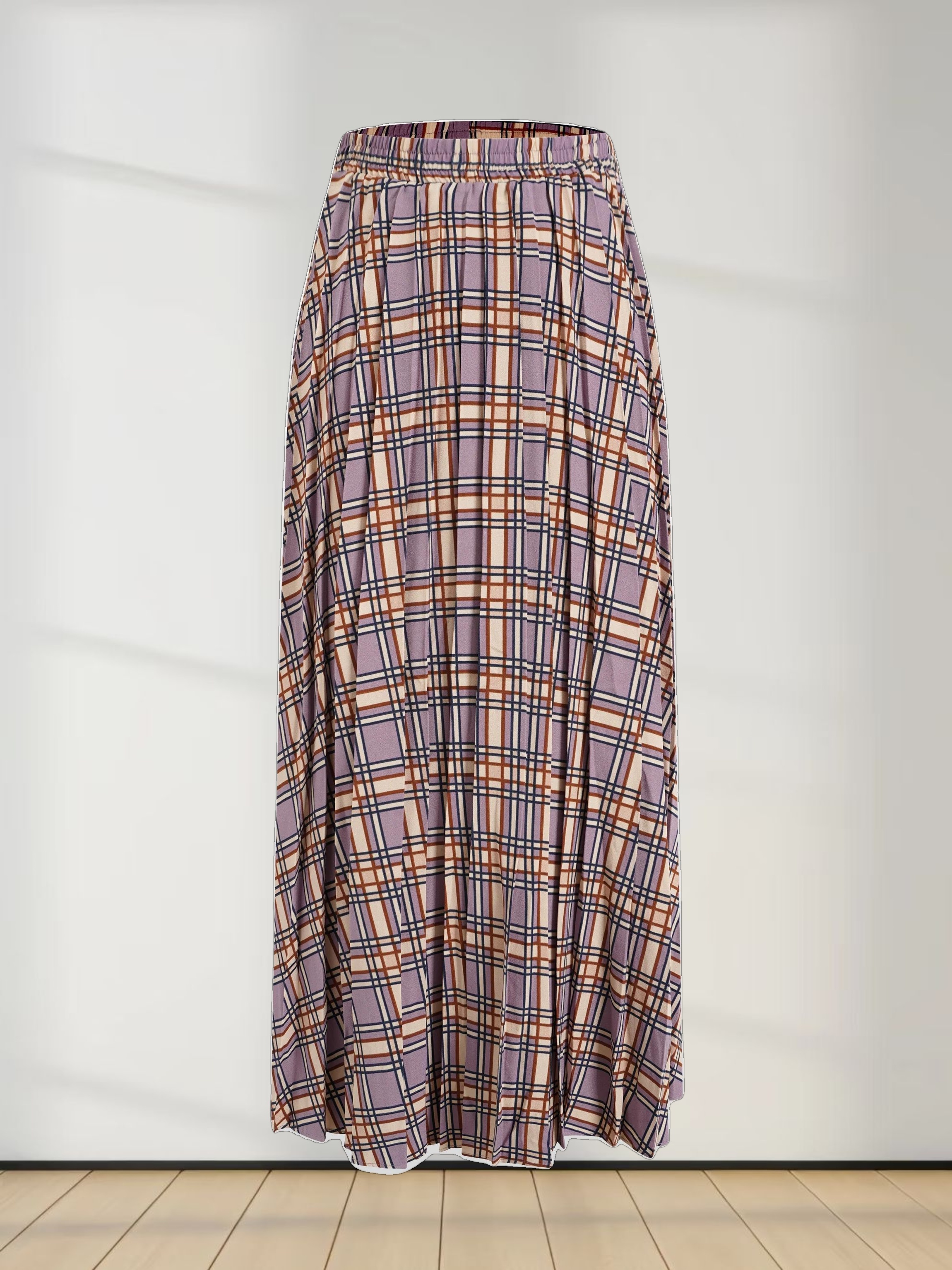 Covered Band Pleated Skirt-Lavender Plaid
