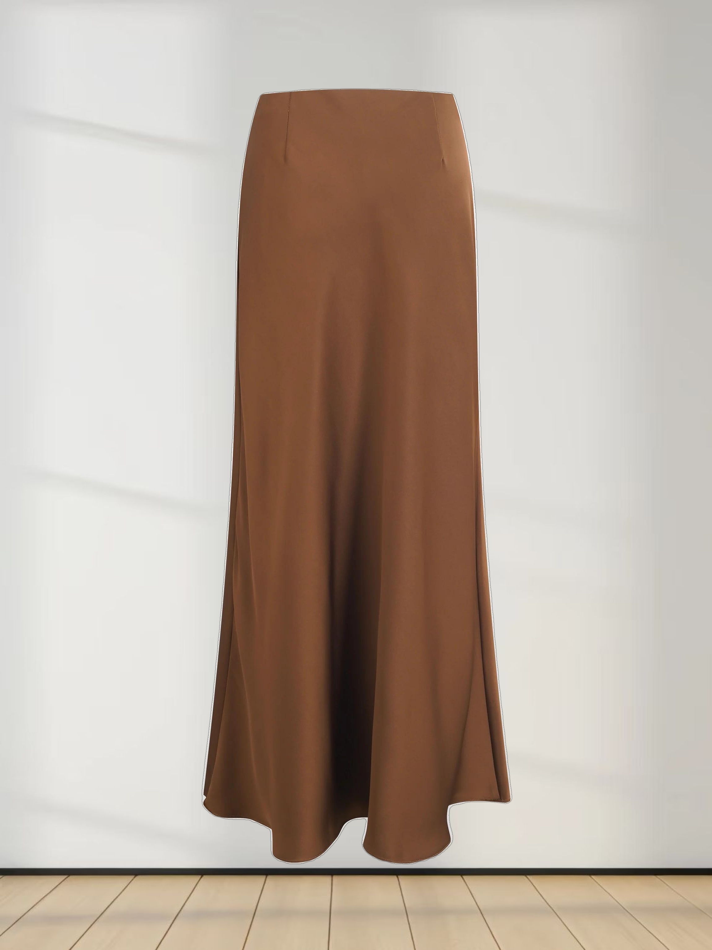 Solid Faux Satin Slip Skirt-Brown