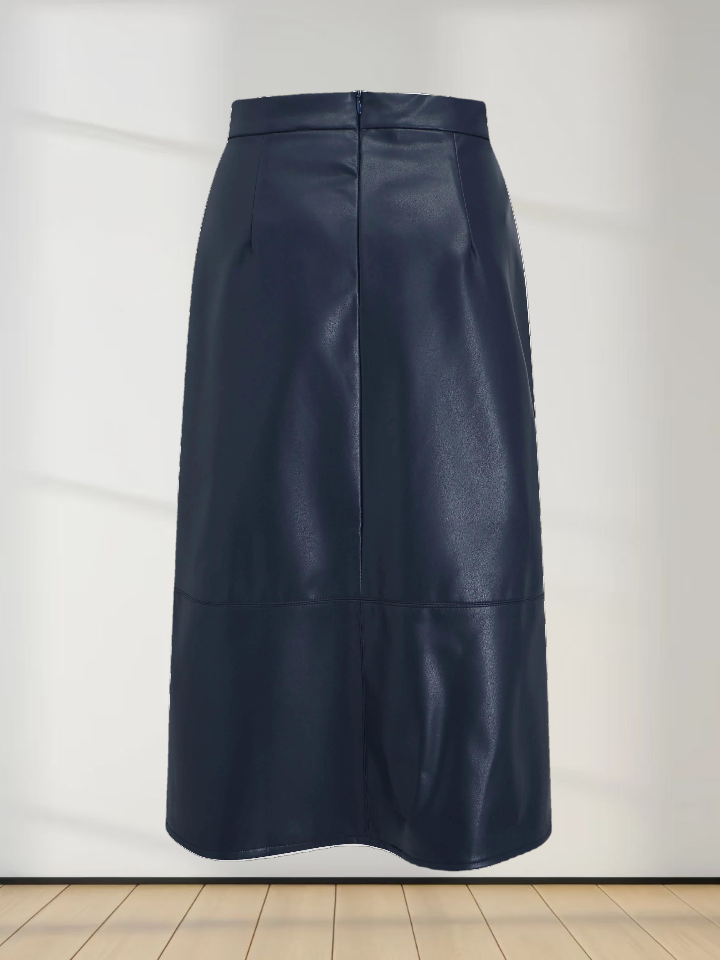 Short A-Line Seamed Faux Leather Skirt-Navy